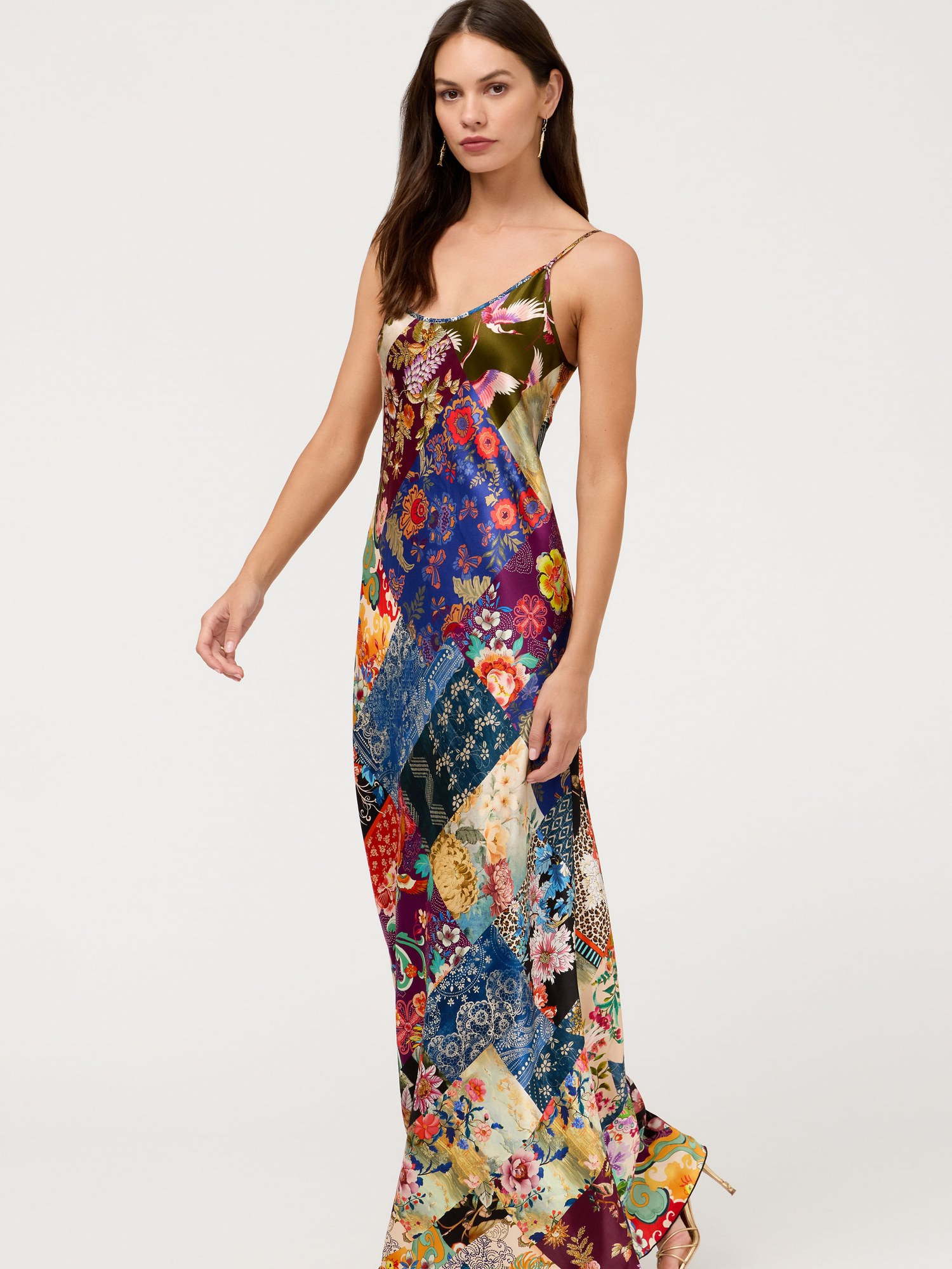 Model in a patchwork print slip maxi dress