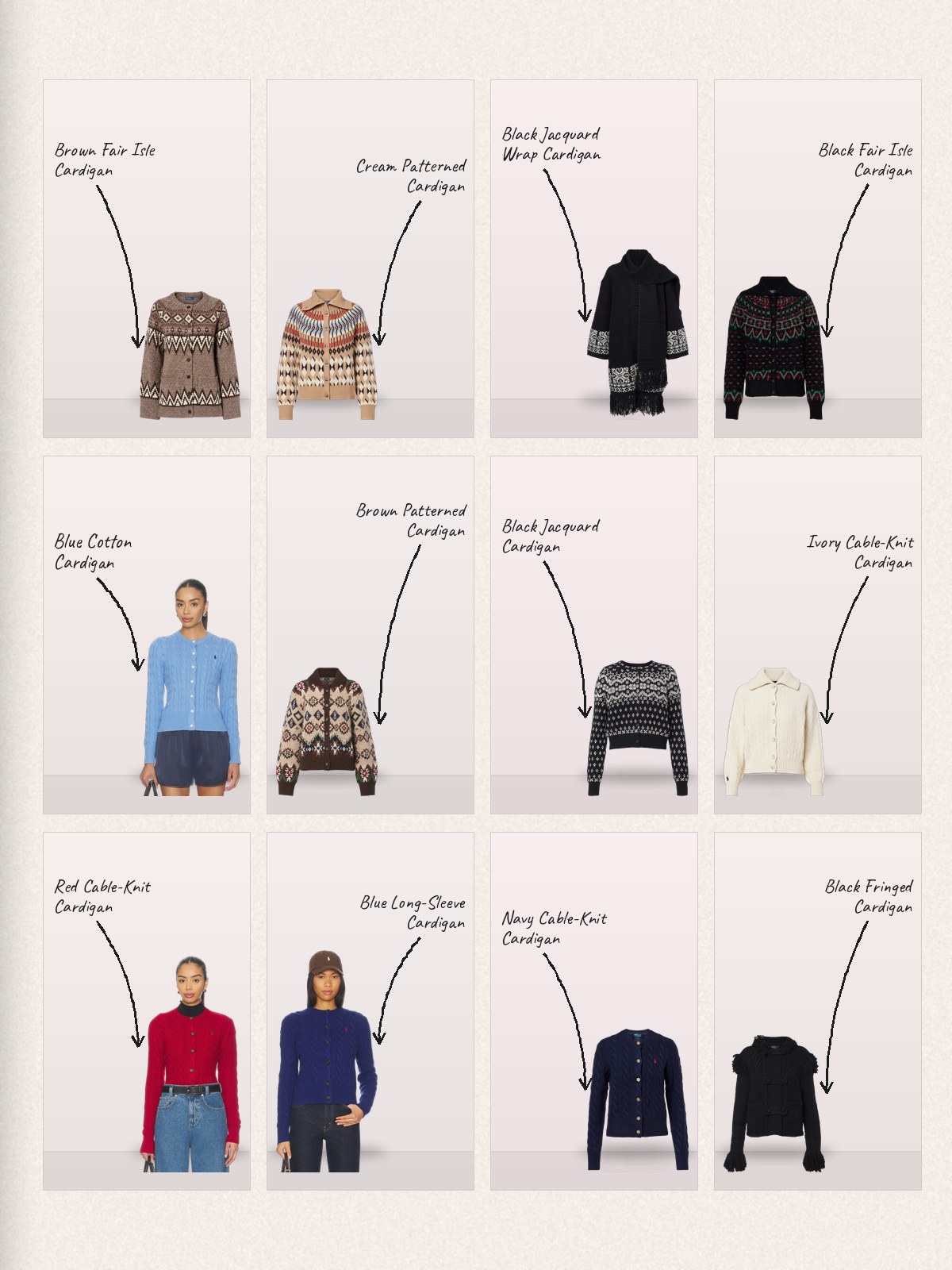 A handwritten-label knitwear grid of Polo Ralph Lauren cardigans in Fair Isle, cable-knit, and jacquard styles.