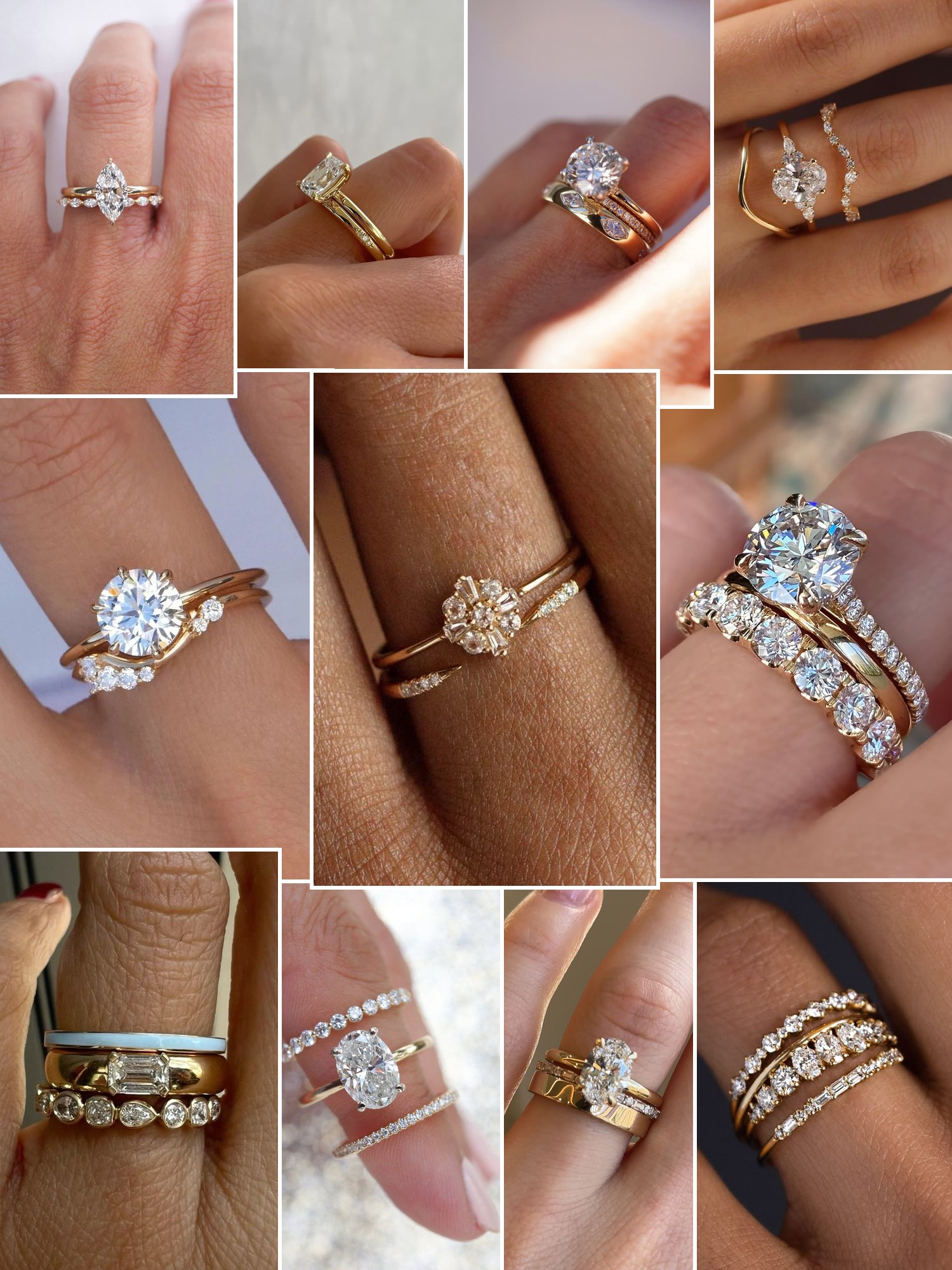 Collage of everyday outfits built around wedding ring stack