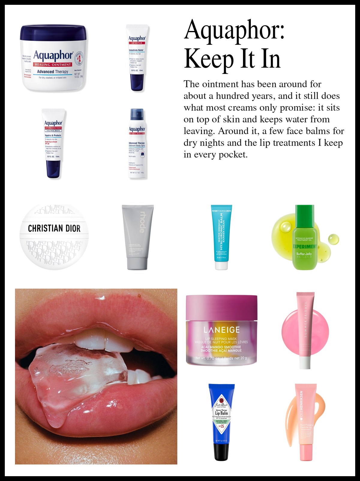 Collage of Aquaphor ointment and lip balms, face balms and lip treatments beside a close-up photo of glossy lips holding an ice cube.