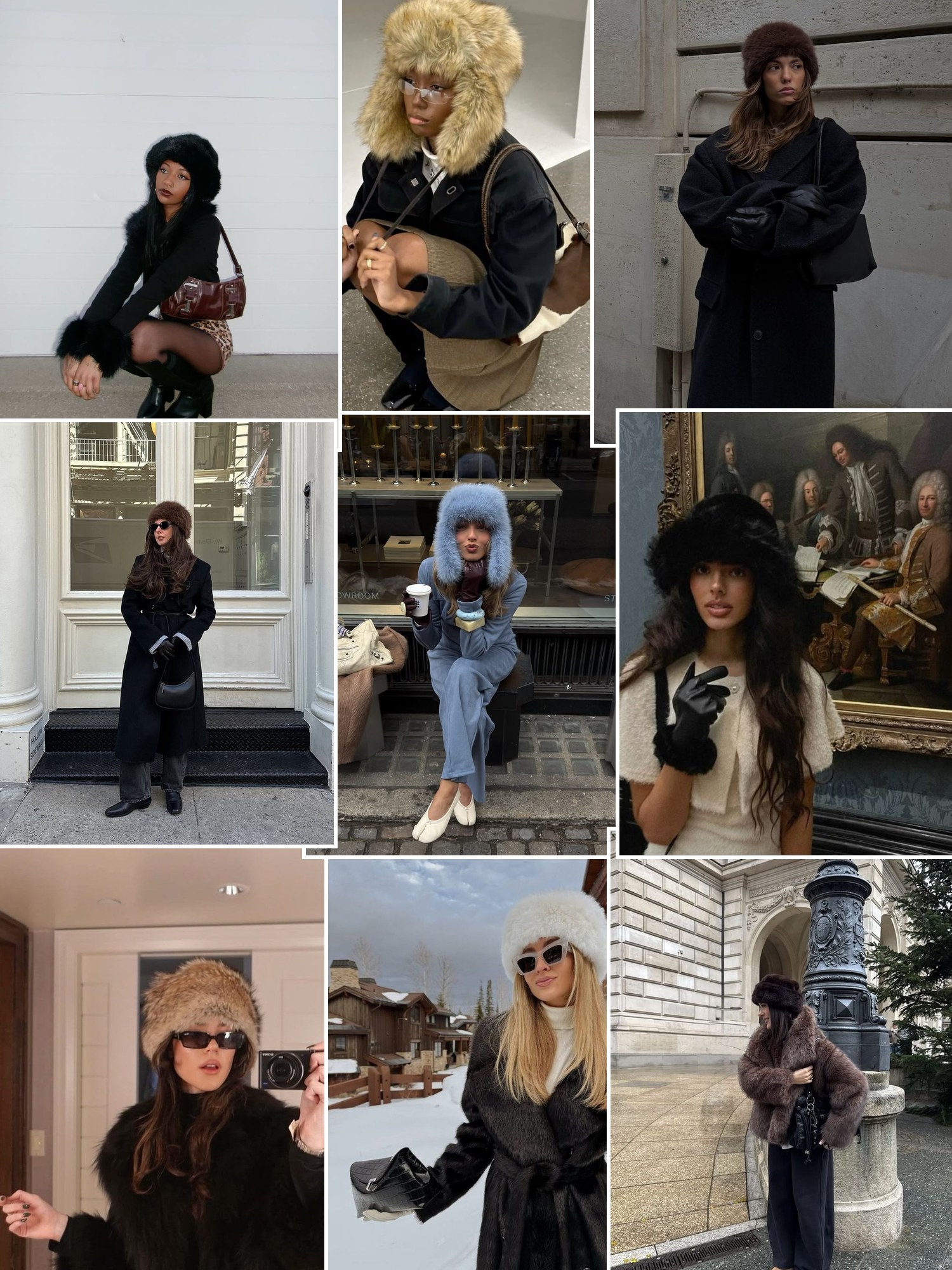 Street style collage of women wearing Fur hat