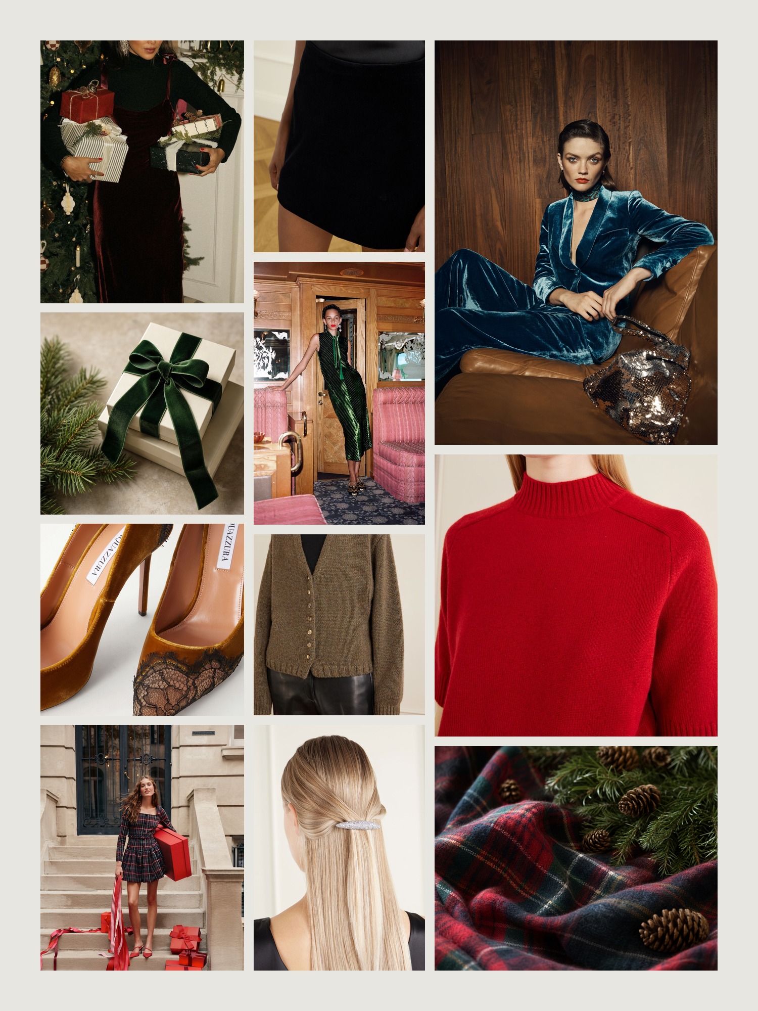 Mood board of Christmas outfits in forest green velvet and tartan