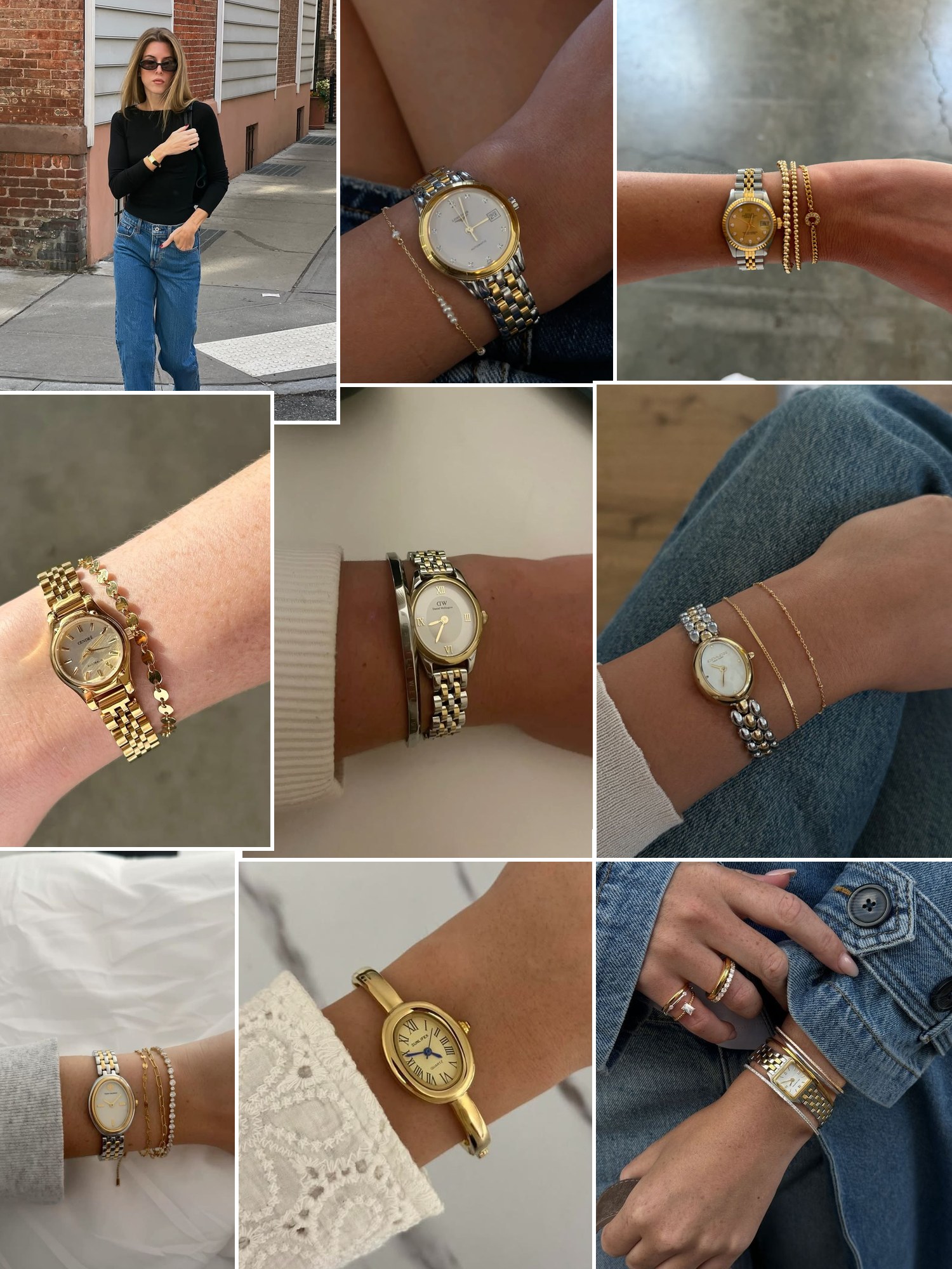 Collage of two-tone bracelet watches and similar looks
