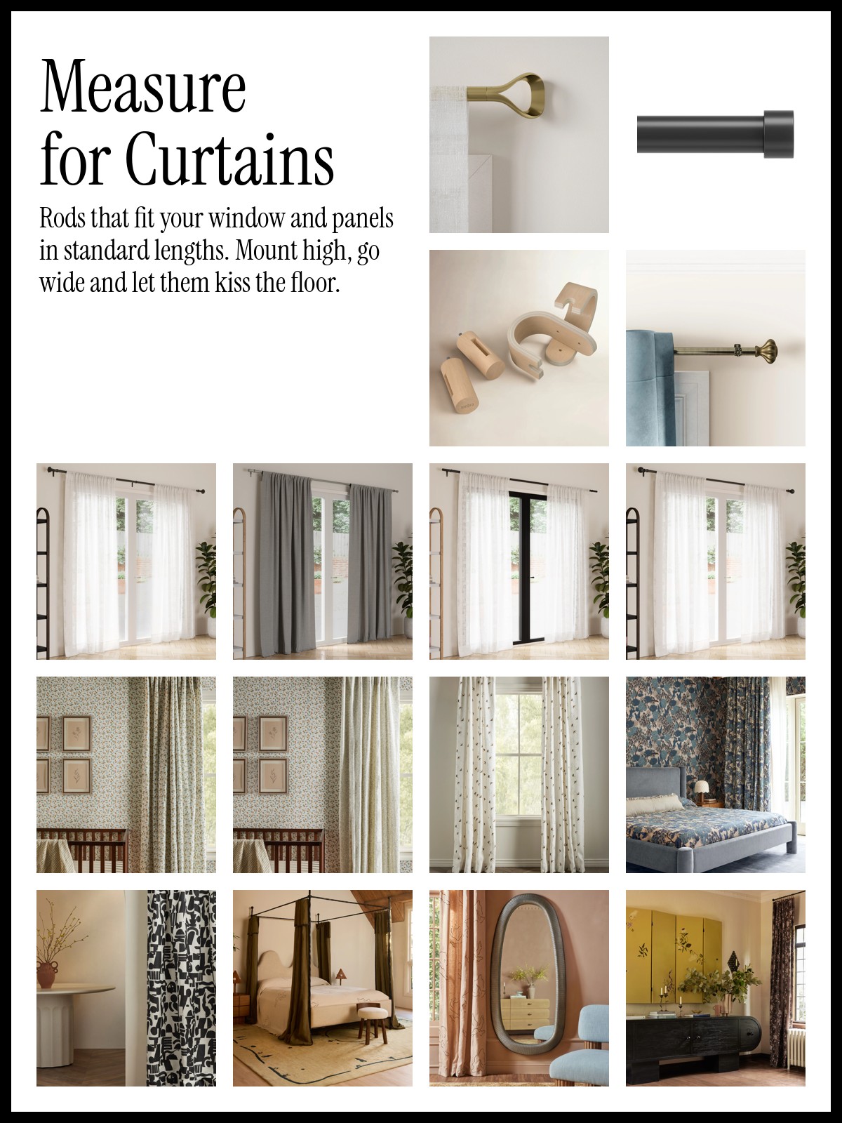 Collage of adjustable curtain rods and linen curtain panels in standard lengths