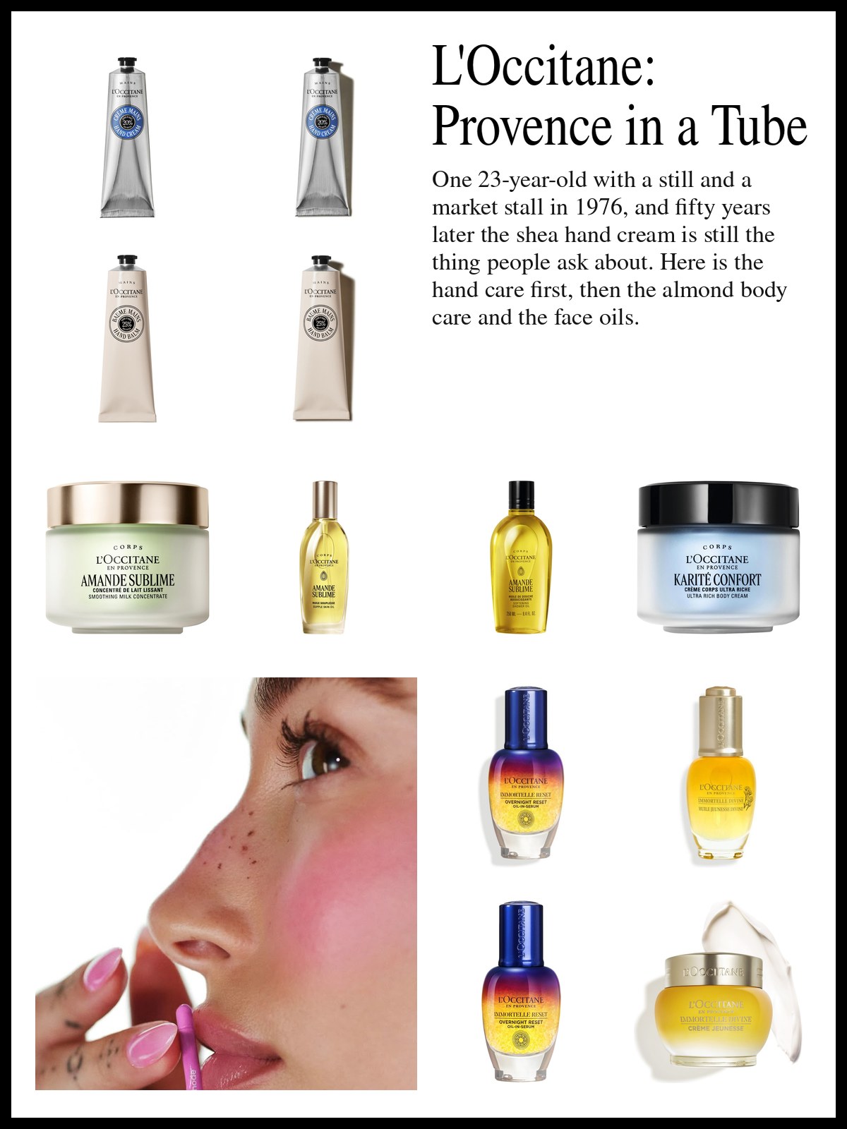 Collage of L'Occitane hand creams, almond body care and immortelle face products beside a tight close-up photo of a freckled face with pink blush, glossy pink nails and a small pink tube held at the lips.