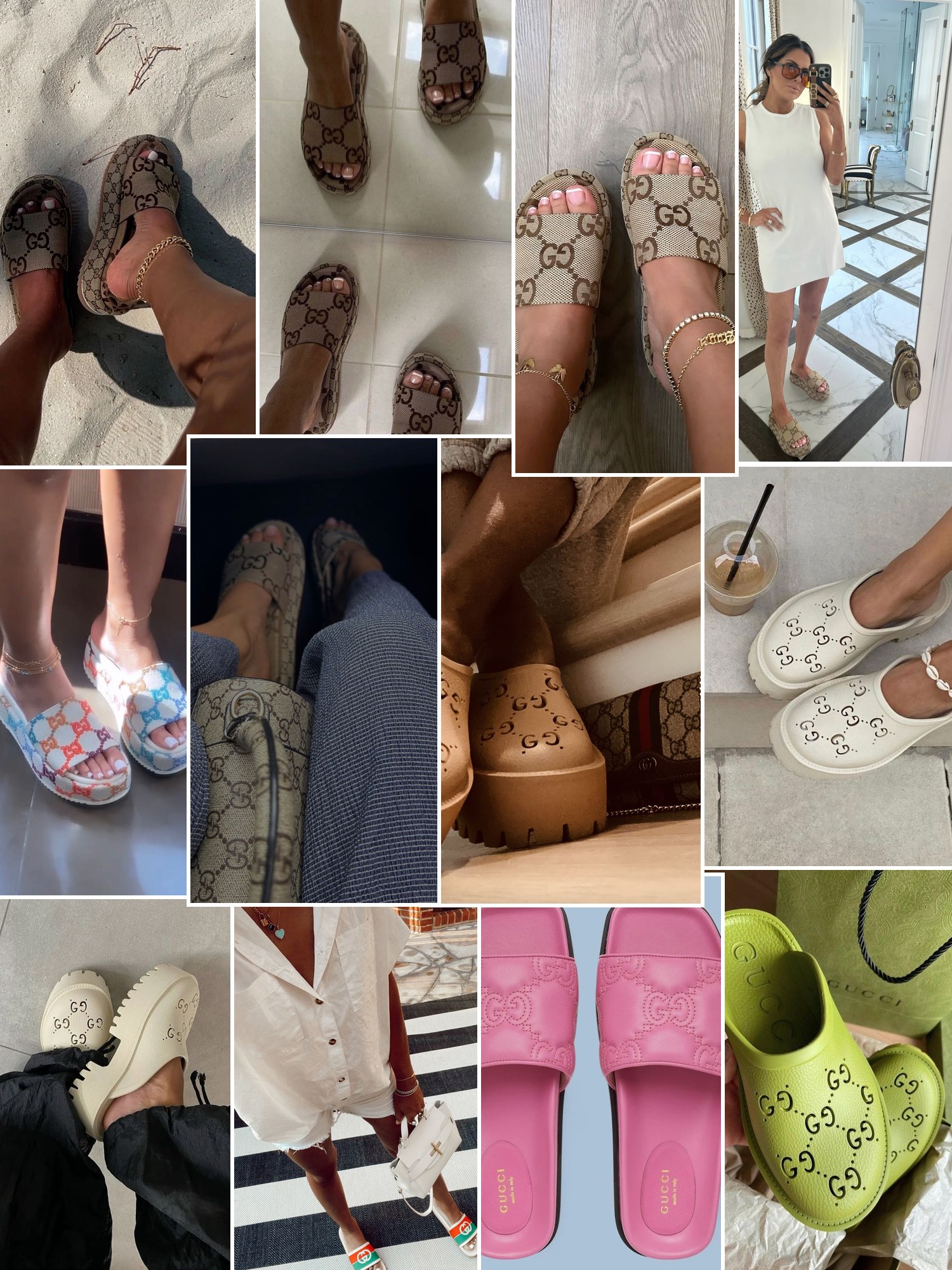 Street style collage of women wearing Gucci slides