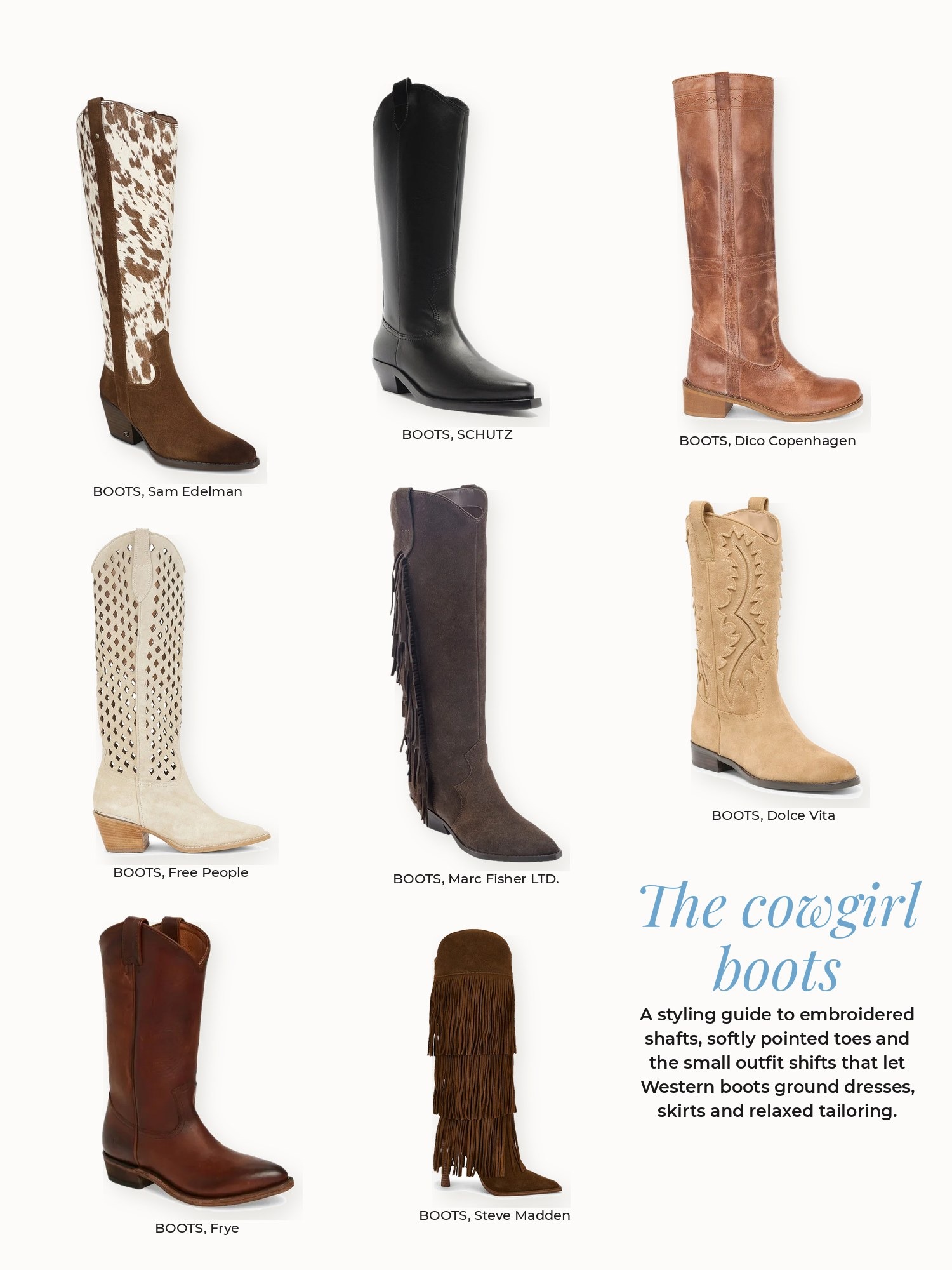 Cowgirl boots collage: Dico Copenhagen, Dolce Vita, Free People, Frye, Marc Fisher LTD., SCHUTZ, Sam Edelman, Steve Madden