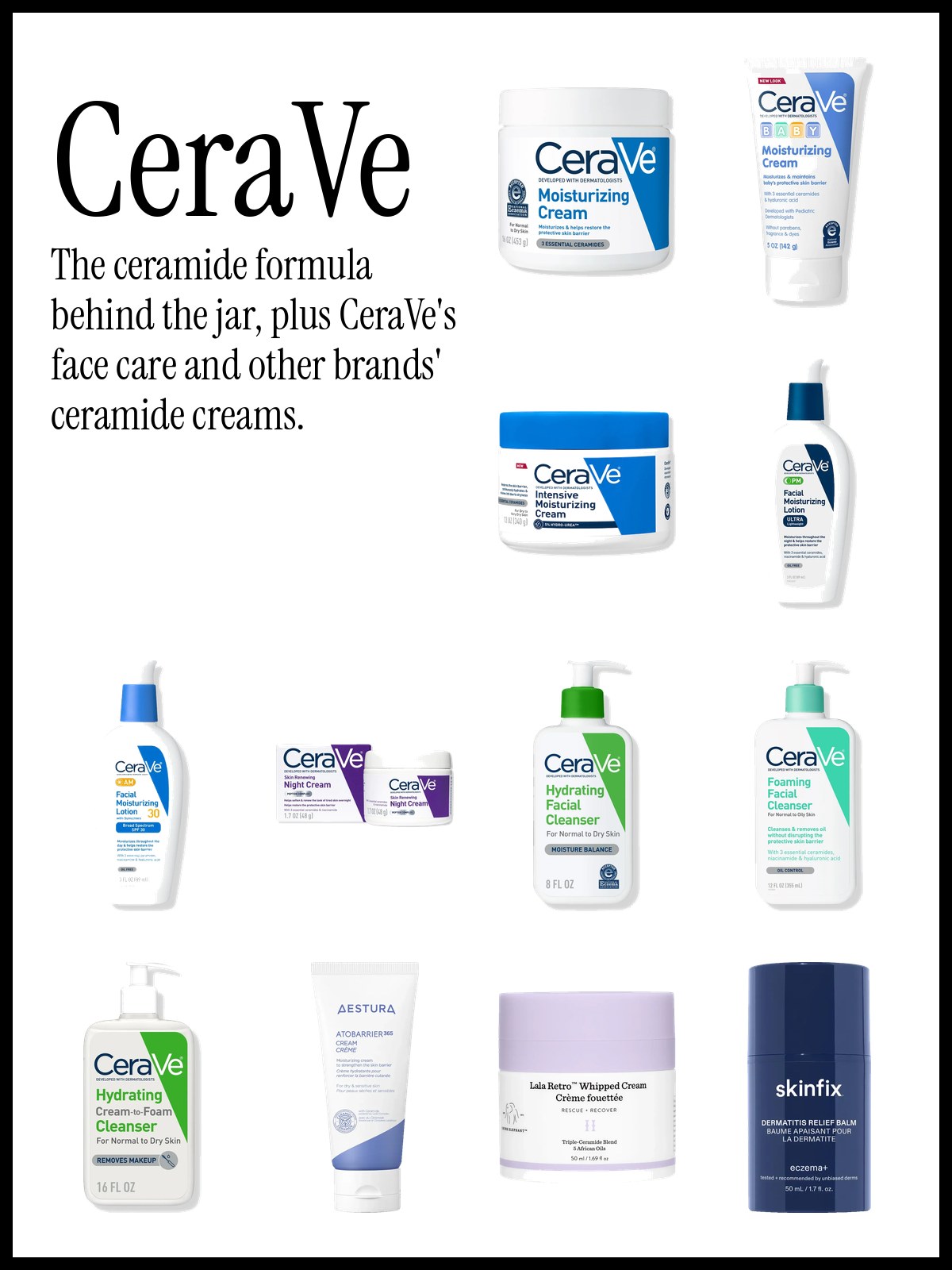 Collage of CeraVe Moisturizing Cream, face moisturizers and ceramide creams from other brands