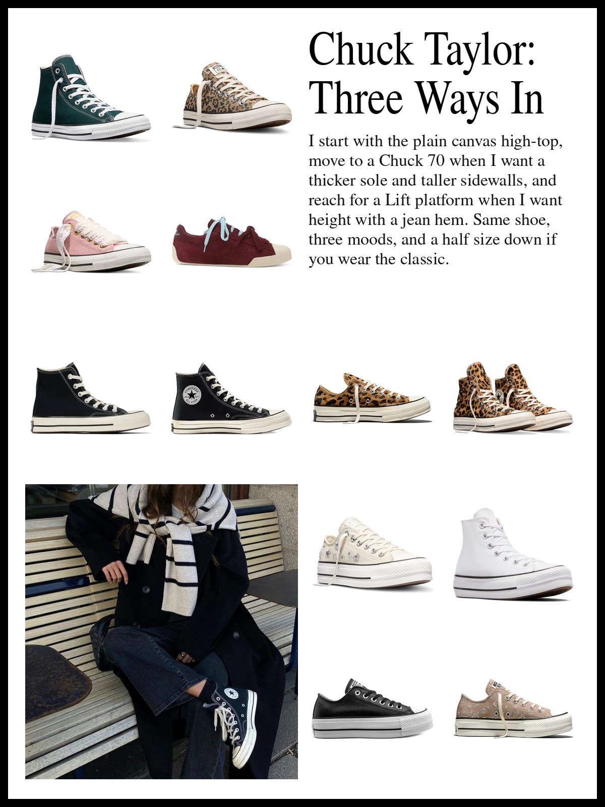 Collage of classic Chuck Taylor All Star high-tops and low-tops, Chuck 70 high-top and low-top sneakers, and platform and Lift sole sneakers, and a mood photo of a woman in a dark coat and striped scarf sitting on a bench in black high-top sneakers.