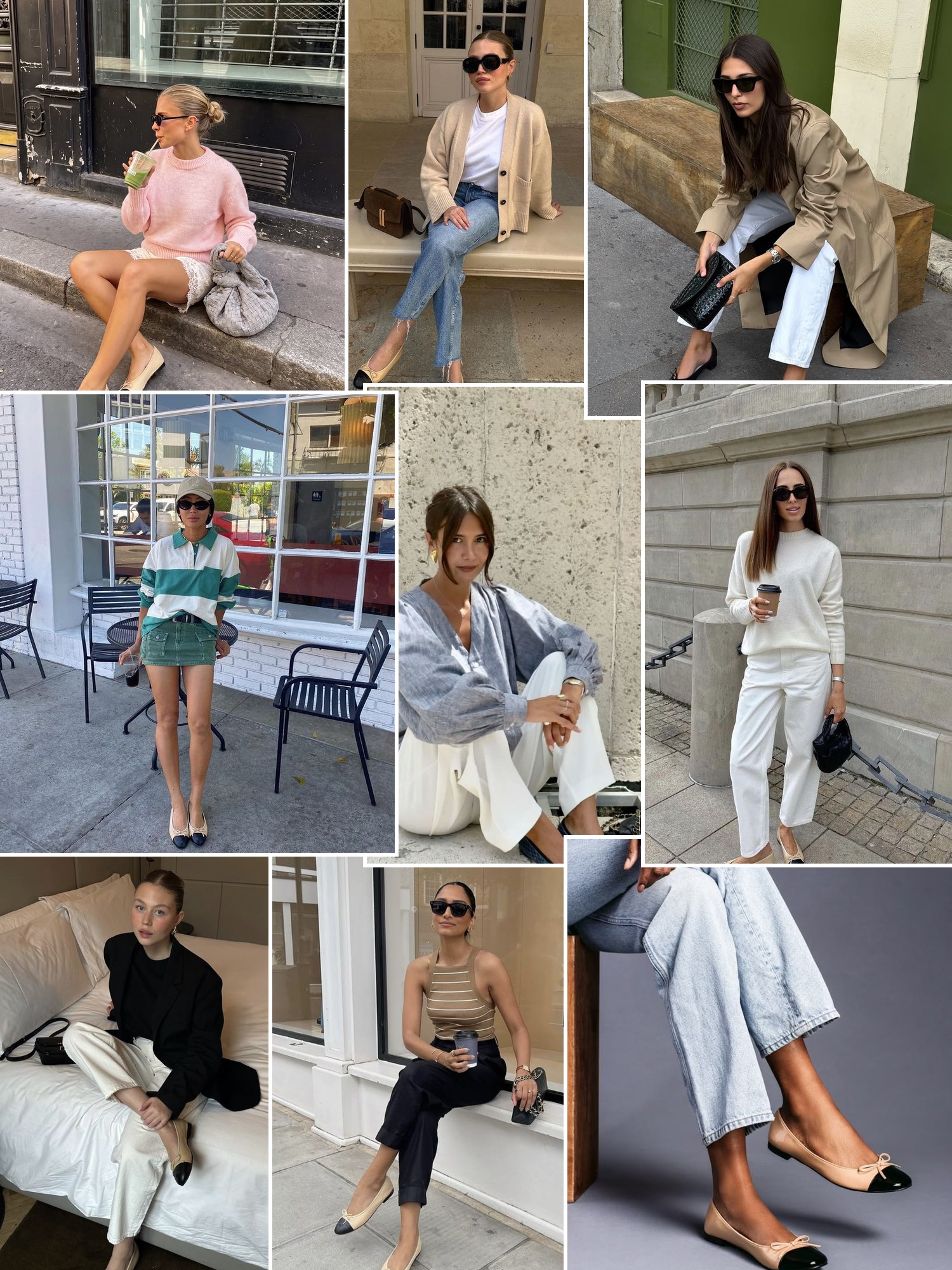 Street style collage of women in two-tone cap-toe ballet flats