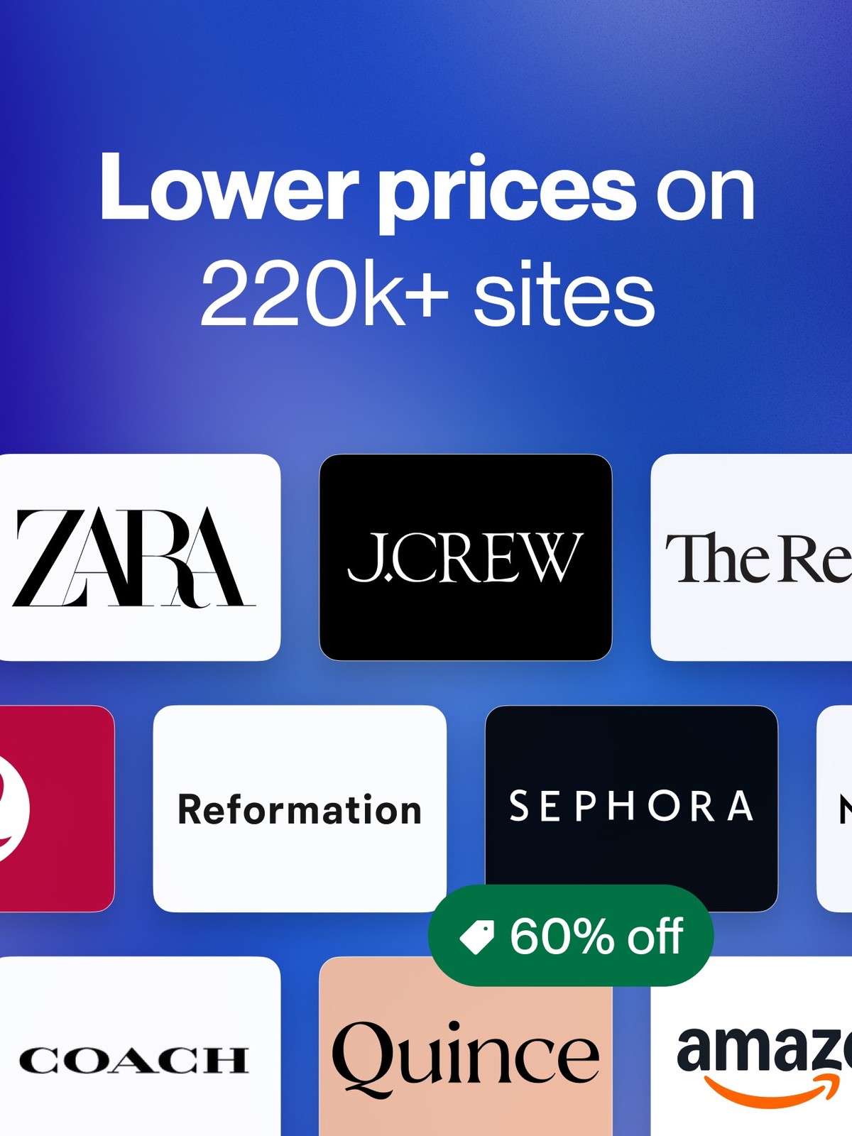 Phia lower prices on 220k+ sites: a grid of store logos including Zara, J.Crew, Reformation, Sephora and Coach with discount tags