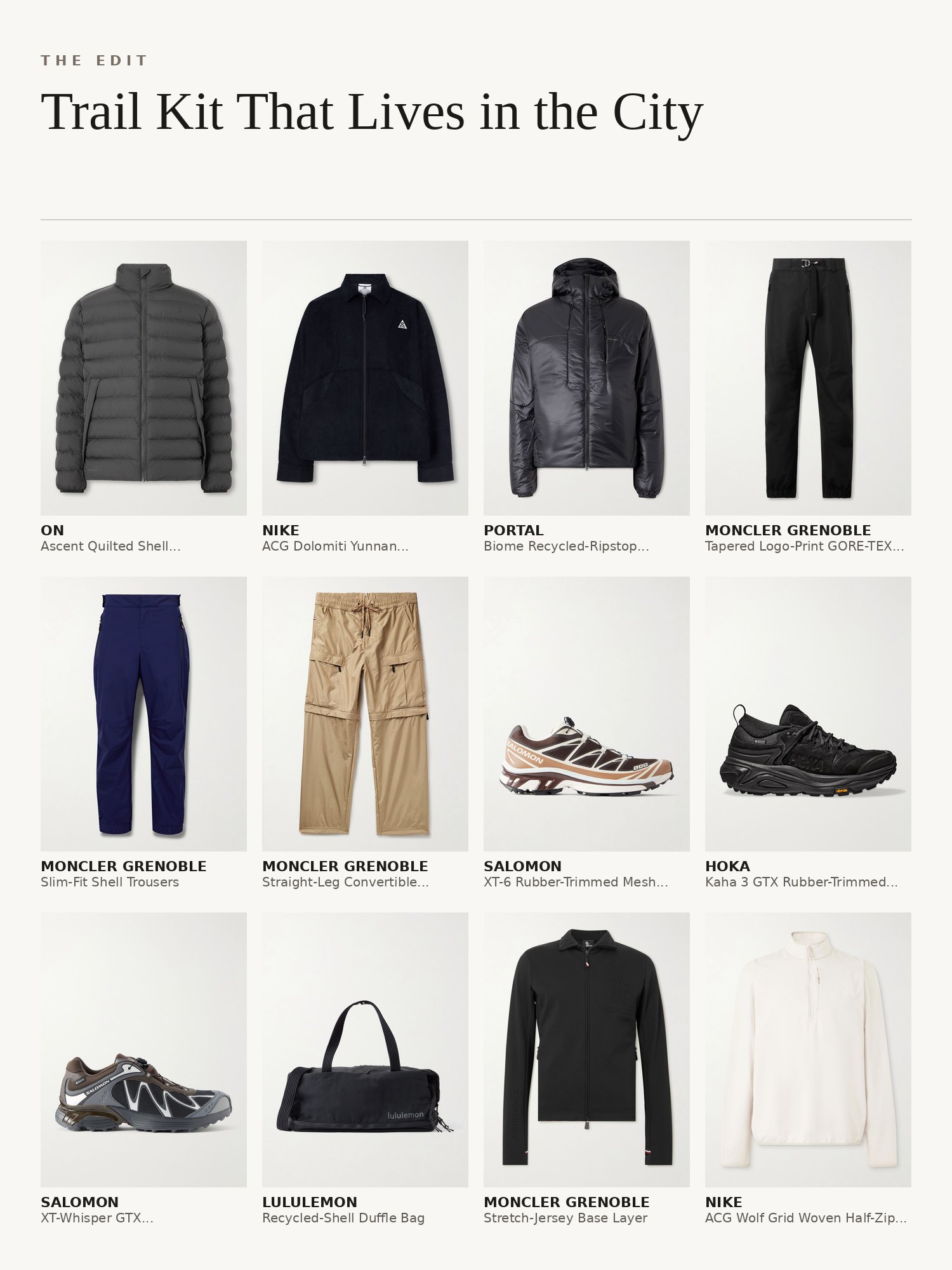 Collage of trail kit menswear: shell jackets, fleece, cargo trousers, Salomon and Hoka trail sneakers, caps and hoodies