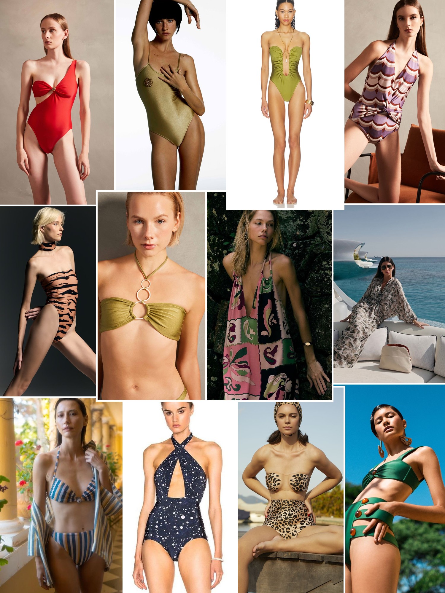 Collage of swimwear on sunlit beaches and by the water, in the spirit of ADRIANA DEGREAS