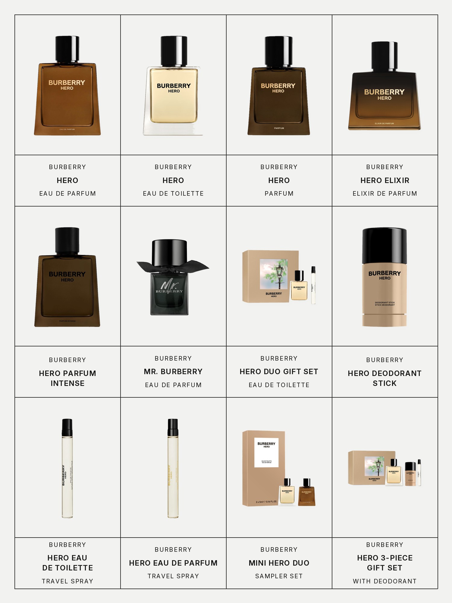 Twelve boxes on a pale grey page, one for each product in this edit, each with its brand and name printed below: Burberry Hero Eau de Parfum with Pine & Cedarwood, Burberry Hero Eau de Toilette with Bergamot and Cedarwood, Burberry Hero Parfum with Cedarwood, Burberry Hero Elixir de Parfum with Vanilla, Leather, and Cedarwood, Burberry Hero Parfum Intense with Cedarwood and Leather Accord, Burberry Mr. Burberry Eau de Parfum with Patchouli and Vetiver, Burberry Hero Eau de Toilette Duo Gift Set, Burberry Hero Deodorant Stick, Burberry Hero Eau de Toilette Travel Spray with Bergamot and Cedarwood, Burberry Hero Eau de Parfum Travel Spray with Pine & Cedarwood, Burberry Mini Hero Duo Cologne Sampler Gift Set and Burberry Hero Eau de Toilette and Deodorant 3-Piece Gift Set.