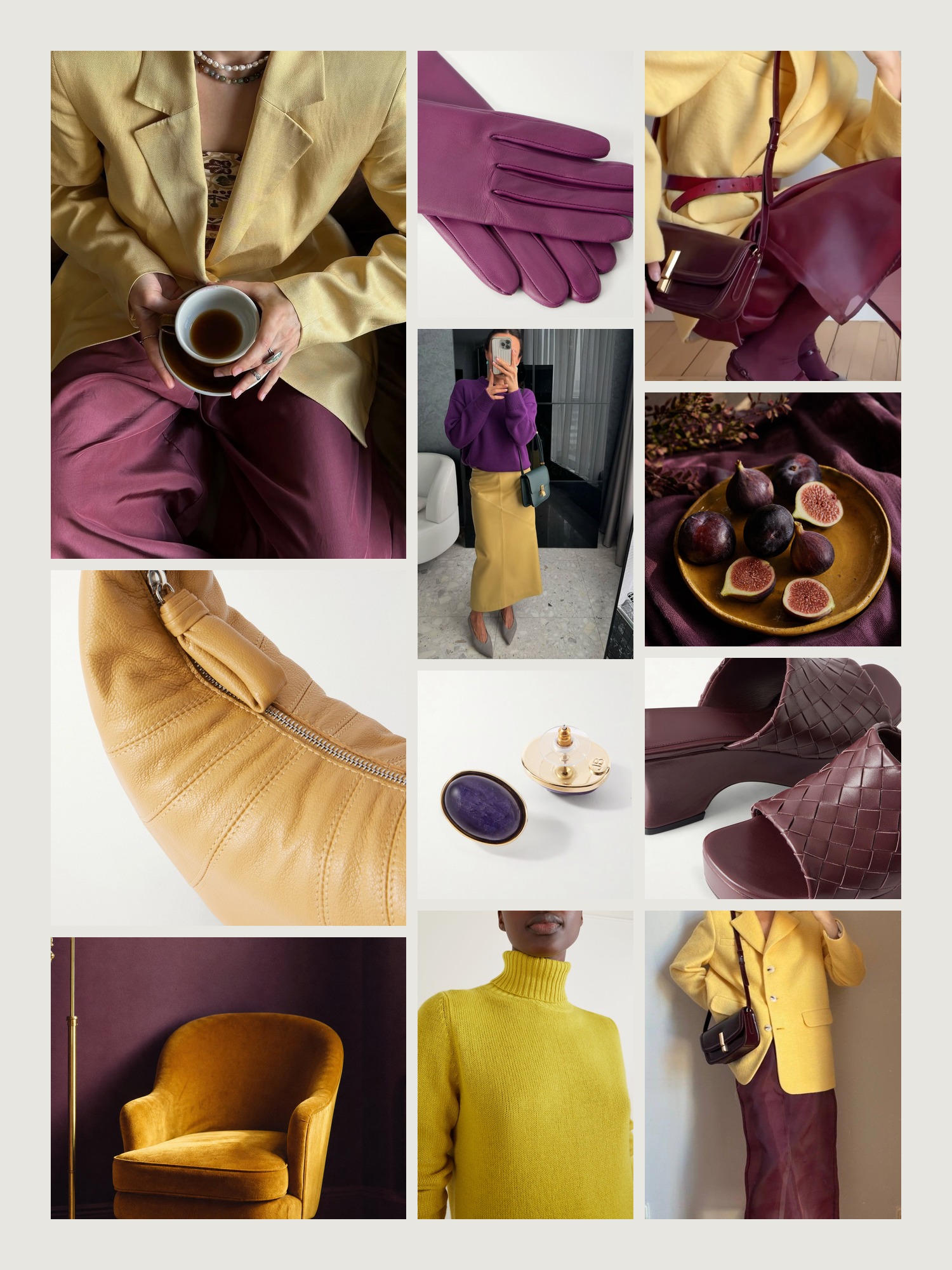Mood board for mustard and plum outfits: four street-style photos of women wearing mustard and plum, close-ups of the Lemaire shoulder bag, the Agnelle leather gloves, the Jennifer Behr amethyst earrings, the Allude cashmere sweater and the Bottega Veneta wedge mules from this edit, and two still lifes in both colors