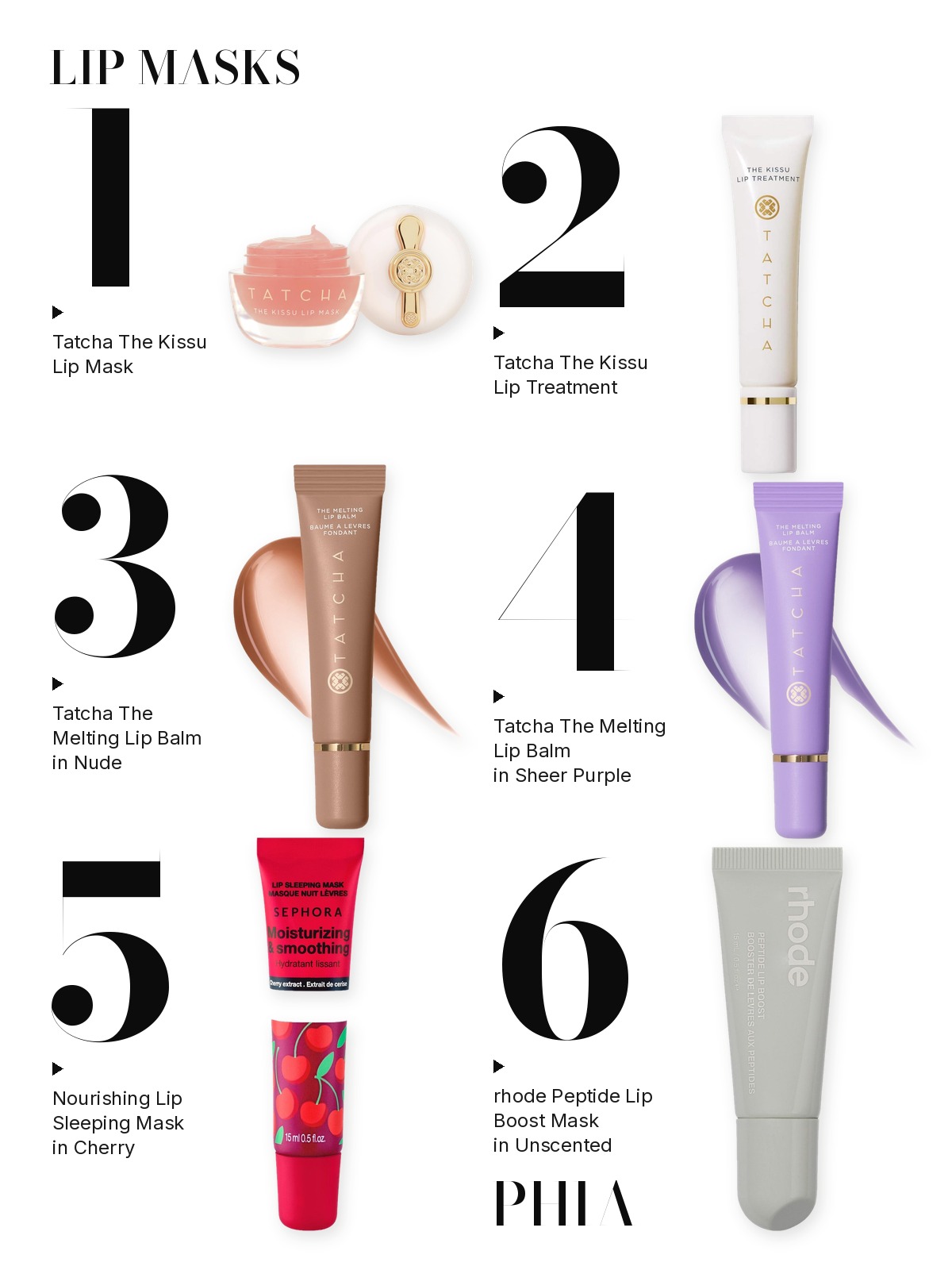 Big numbers collage titled LIP MASKS, six products numbered one to six with each product set beside its number: Tatcha, Sephora Collection and rhode