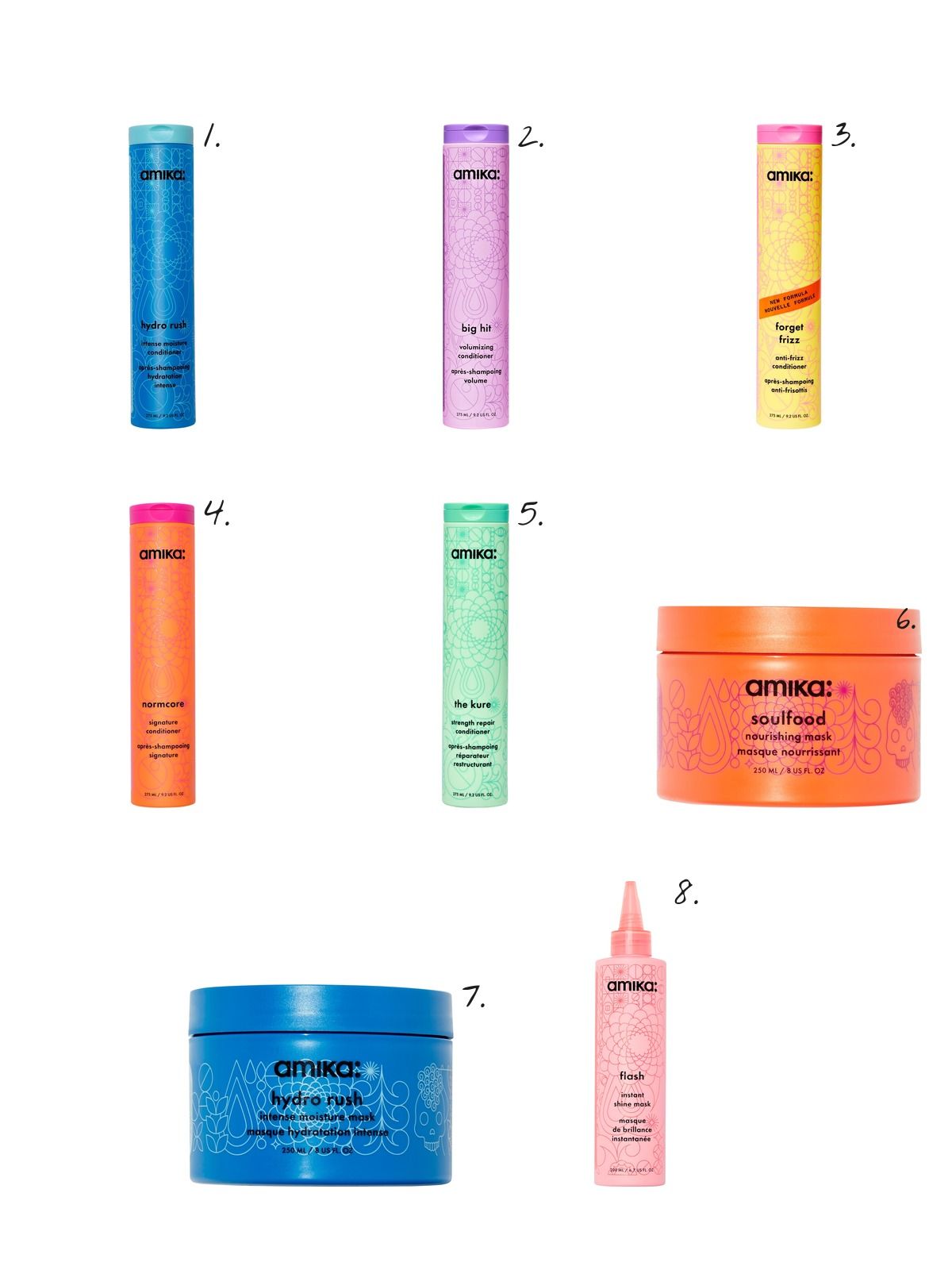 Numbered collage: 1. amika Hydro Rush Intense Moisture Conditioner with Hyaluronic Acid; 2. amika Big Hit Volumizing Conditioner; 3. amika Forget Frizz Anti-Frizz Conditioner; 4. amika Normcore Nourishing Conditioner; 5. amika The Kure Strength Repair Conditioner; 6. amika Soulfood Nourishing Hair Mask; 7. amika Hydro Rush Intense Moisture Hair Mask with Hyaluronic Acid; 8. amika Flash Instant Shine Hair Gloss Mask