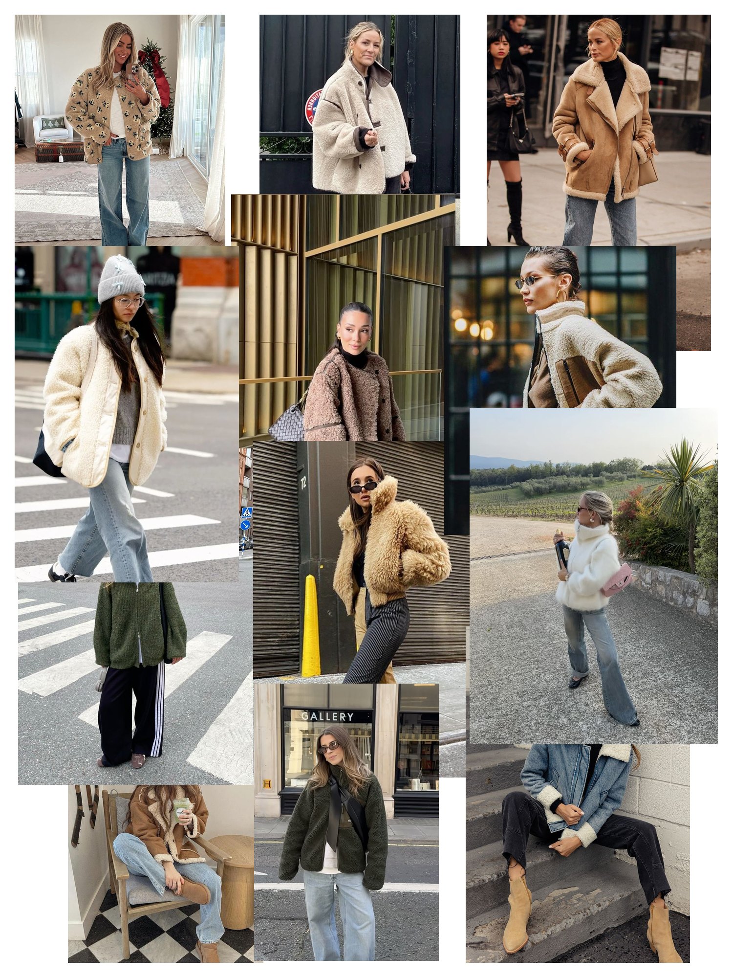 Collage of outfit photos styled with cream and brown sherpa jackets