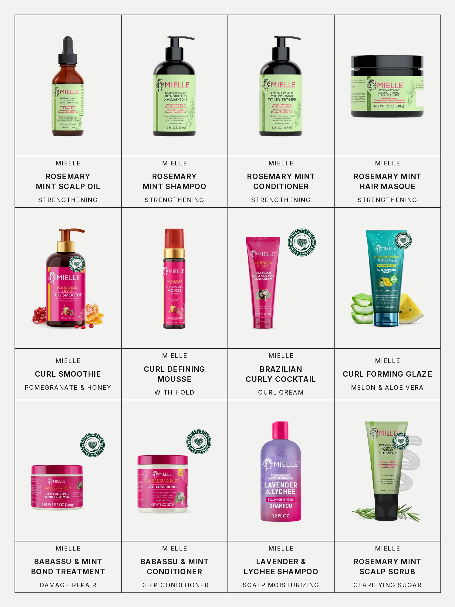 Twelve boxes on a pale grey page, one for each product in this edit, each with its brand and name printed below: Mielle Rosemary Mint Scalp & Hair Strengthening Oil, Mielle Rosemary Mint Strengthening Shampoo, Mielle Rosemary Mint Strengthening Conditioner, Mielle Rosemary Mint Strengthening Hair Masque, Mielle Pomegranate & Honey Curl Smoothie, Mielle Pomegranate & Honey Curl Defining Mousse with Hold, Mielle Brazilian Curly Cocktail Curl Cream, Mielle Kalahari Melon & Aloe Vera Deep Hydration Curl Forming Glaze, Mielle Babassu & Mint Damage Repair Bond Treatment, Mielle Babassu & Mint Deep Conditioner, Mielle Lavender & Lychee Scalp Moisturizing Shampoo and Mielle Rosemary Mint Clarifying Sugar Scalp Scrub.