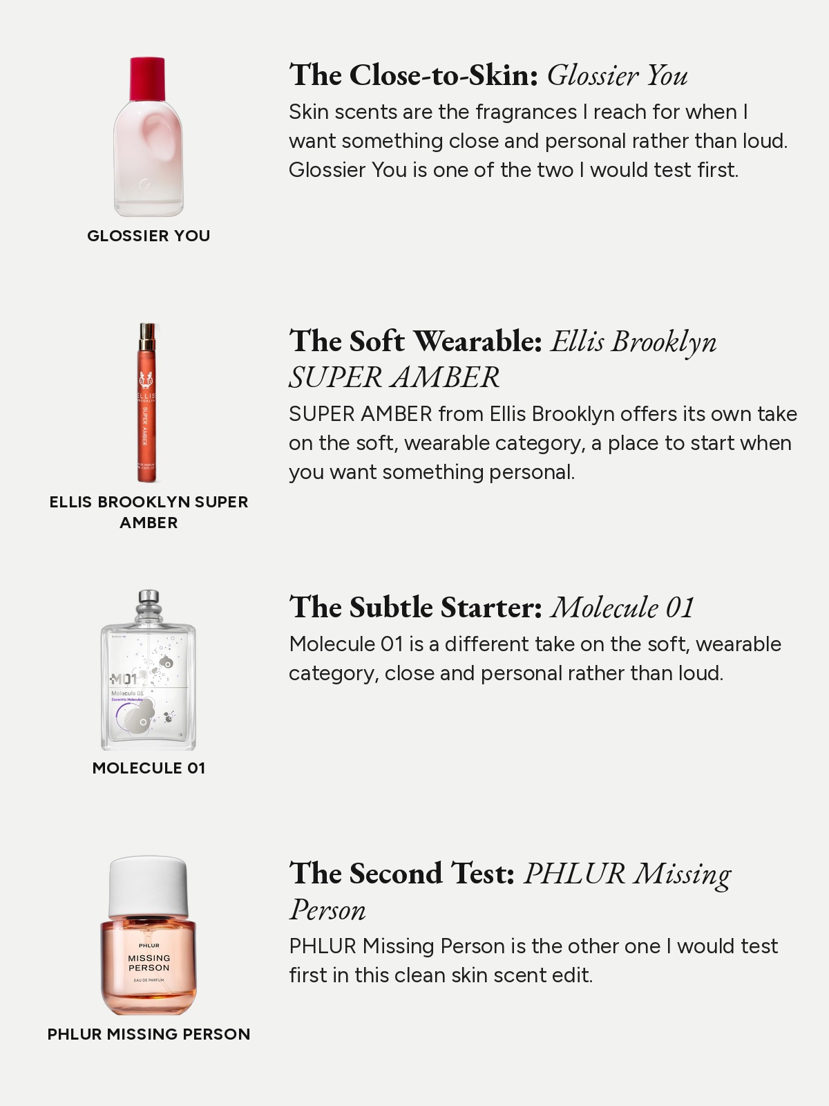Skin Scent collage with picks from Commodity, Liis, Ellis Brooklyn and Escentric Molecules