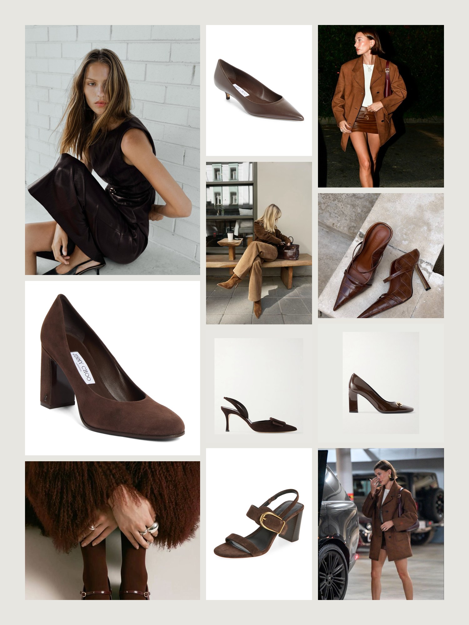 Mood board for Brown Heels: street-style photos, close-up details and product shots from this edit