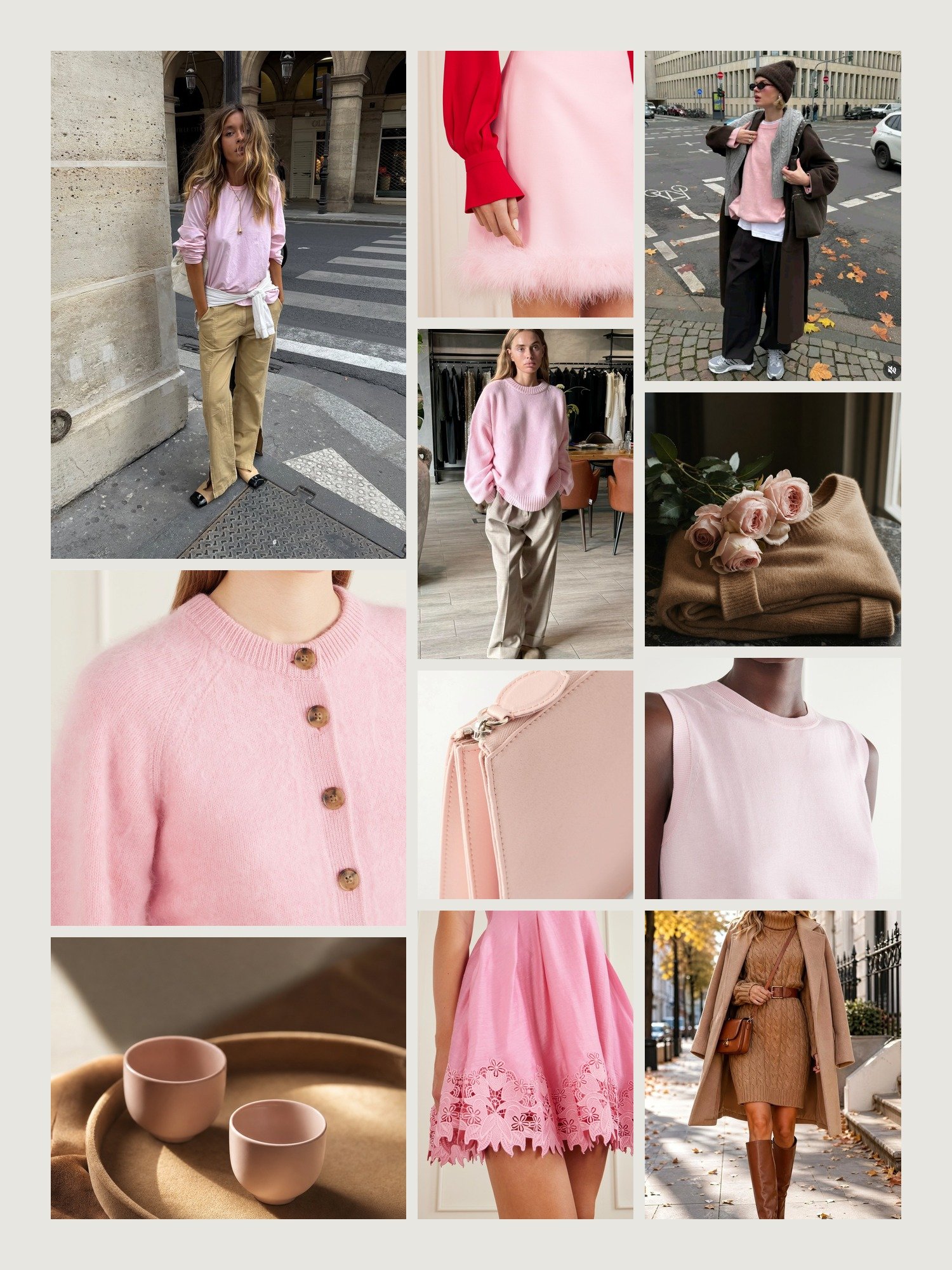 Mood board for pink and camel outfits: four street-style photos of women wearing pink and camel, close-ups of the Guest in Residence cashmere cardigan, the Valentino Garavani mini skirt, the Toteme satin clutch, the Rebecca Vallance mini dress and the Carolina Herrera cotton-blend vest from this edit, and two still lifes in both colors