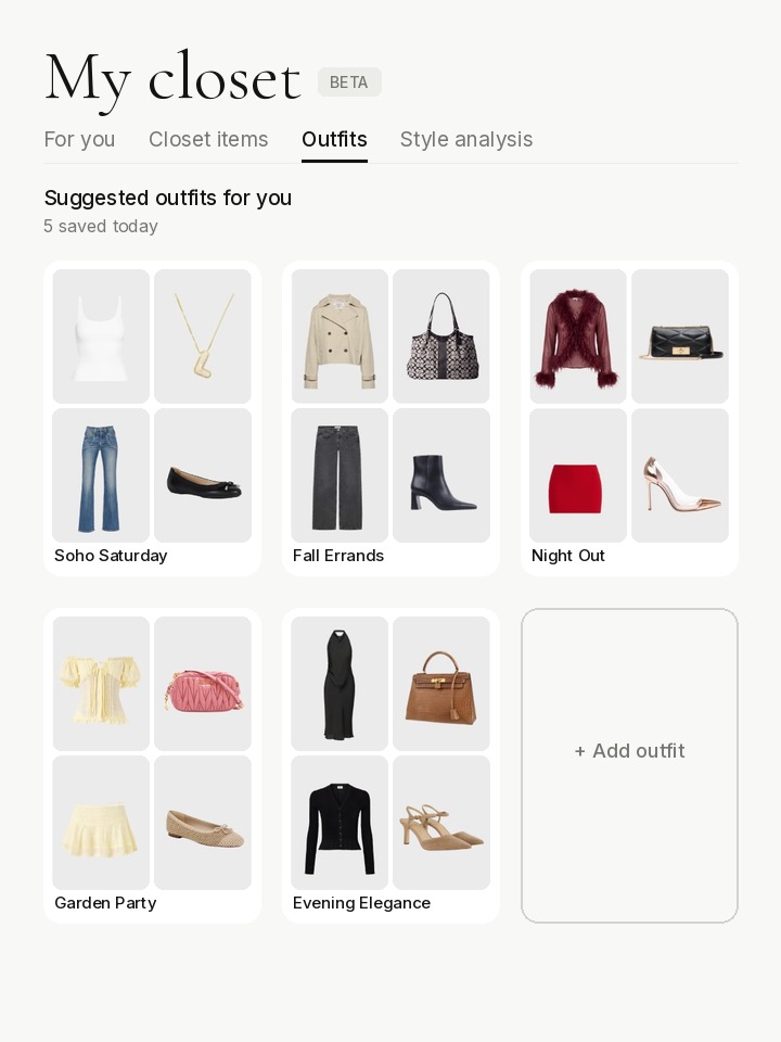 Phia Outfits tab with Suggested outfits for you: Soho Saturday, Fall Errands, Night Out, Garden Party and Evening Elegance