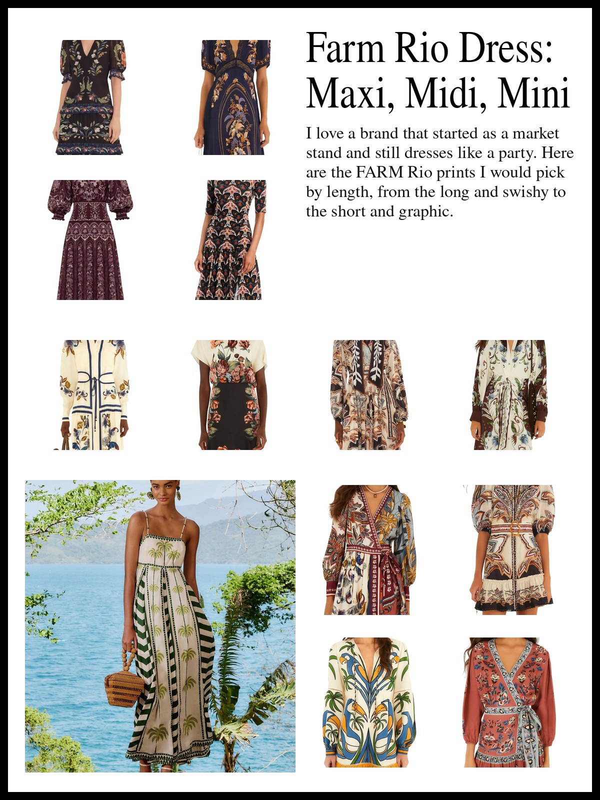 A collage of FARM Rio maxi, midi and mini dresses in florals, birds and graphic prints, and a mood photo of a woman in a printed maxi dress on a sunny lakeside deck.