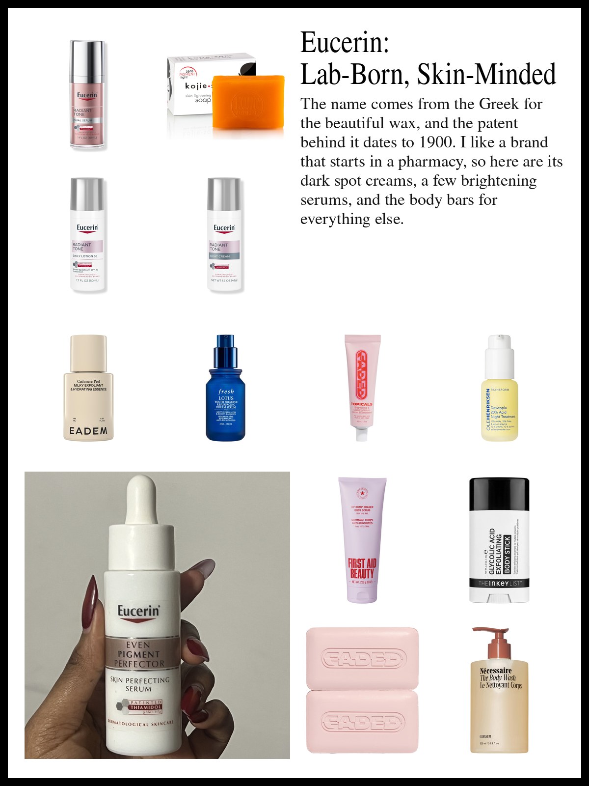 Collage of Eucerin creams, brightening serums and body care beside a photo of pale pink capsule-shaped blushes, lipsticks and a lip brush lying on two mirrored silver trays.
