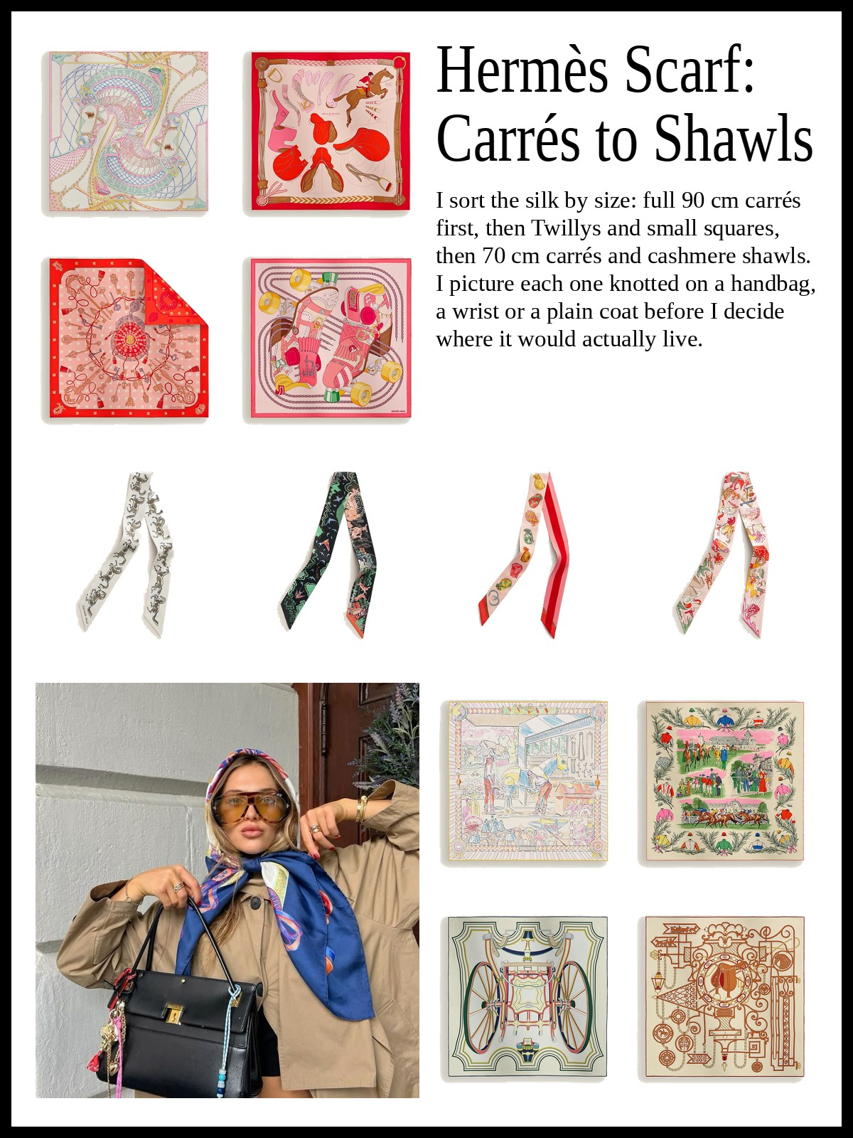 Collage of printed silk carrés, narrow Twilly ribbons and small scarves, and silk carrés and cashmere shawls, and a mood photo of a blue silk scarf worn as a headscarf with a trench