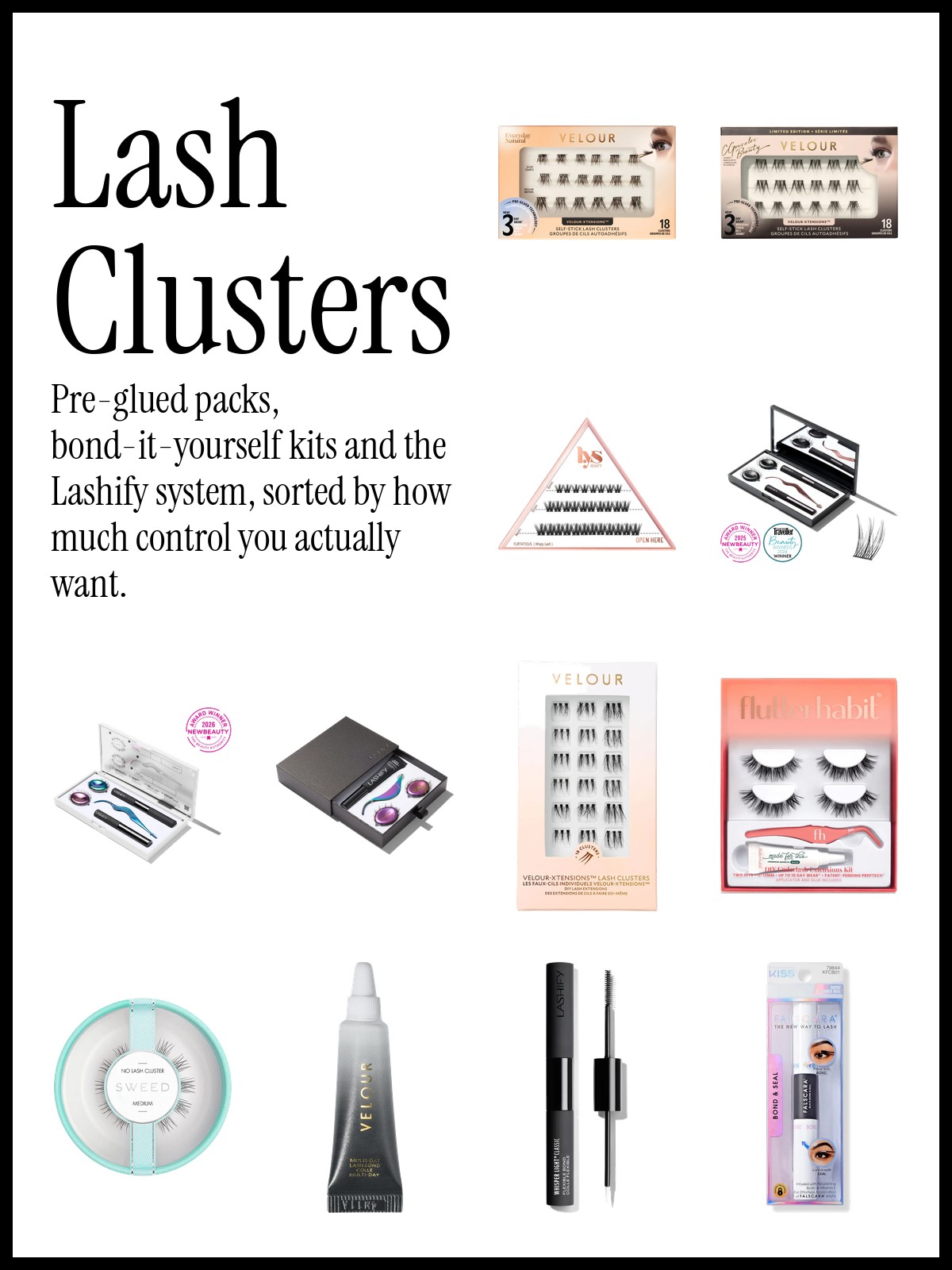 Collage of lash cluster kits from Velour, Lashify, Flutter Habit, Sweed and Falscara