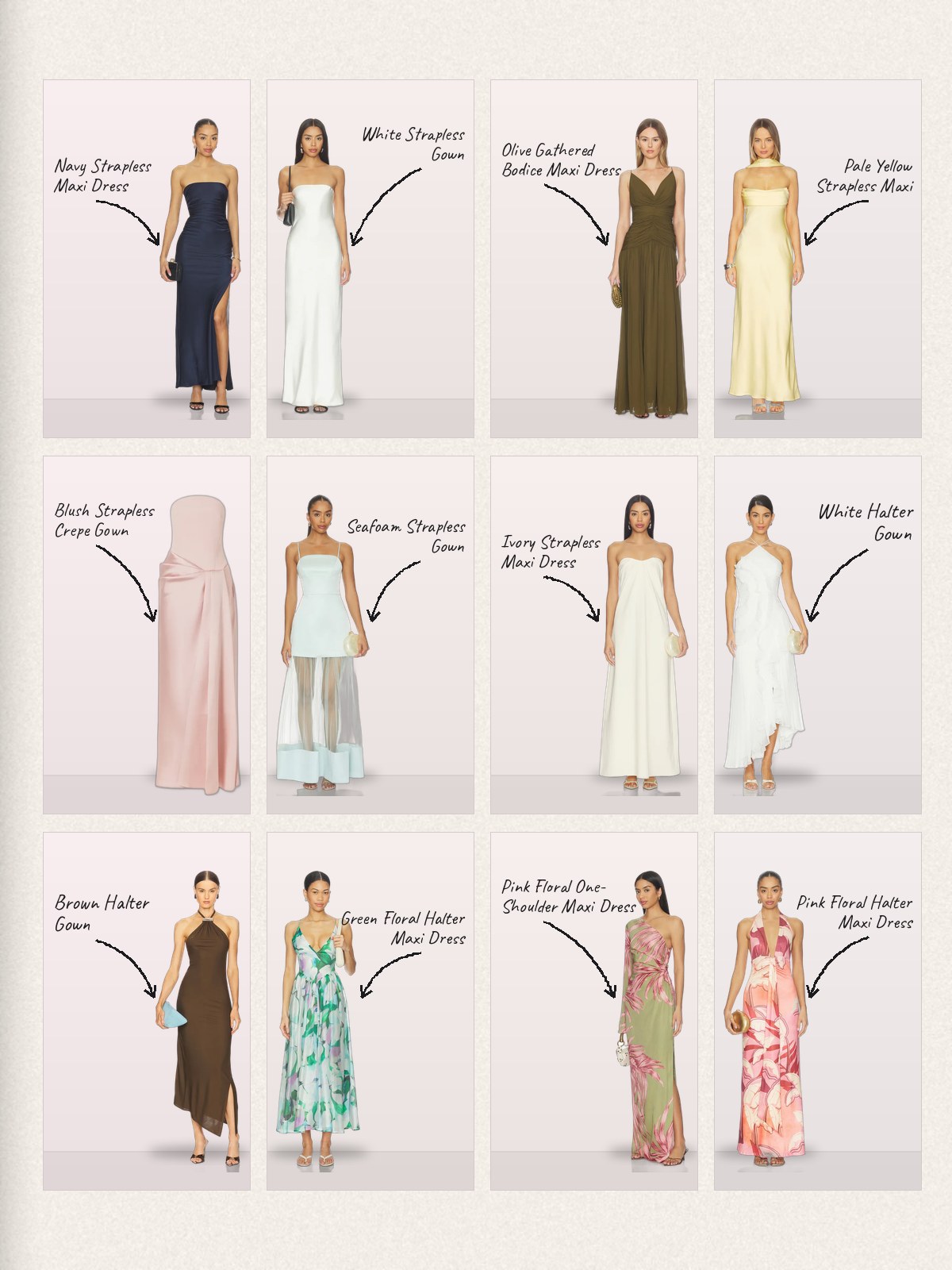 A handwritten-label maxi-dress grid spanning strapless, halter, floral, and solid-color looks.
