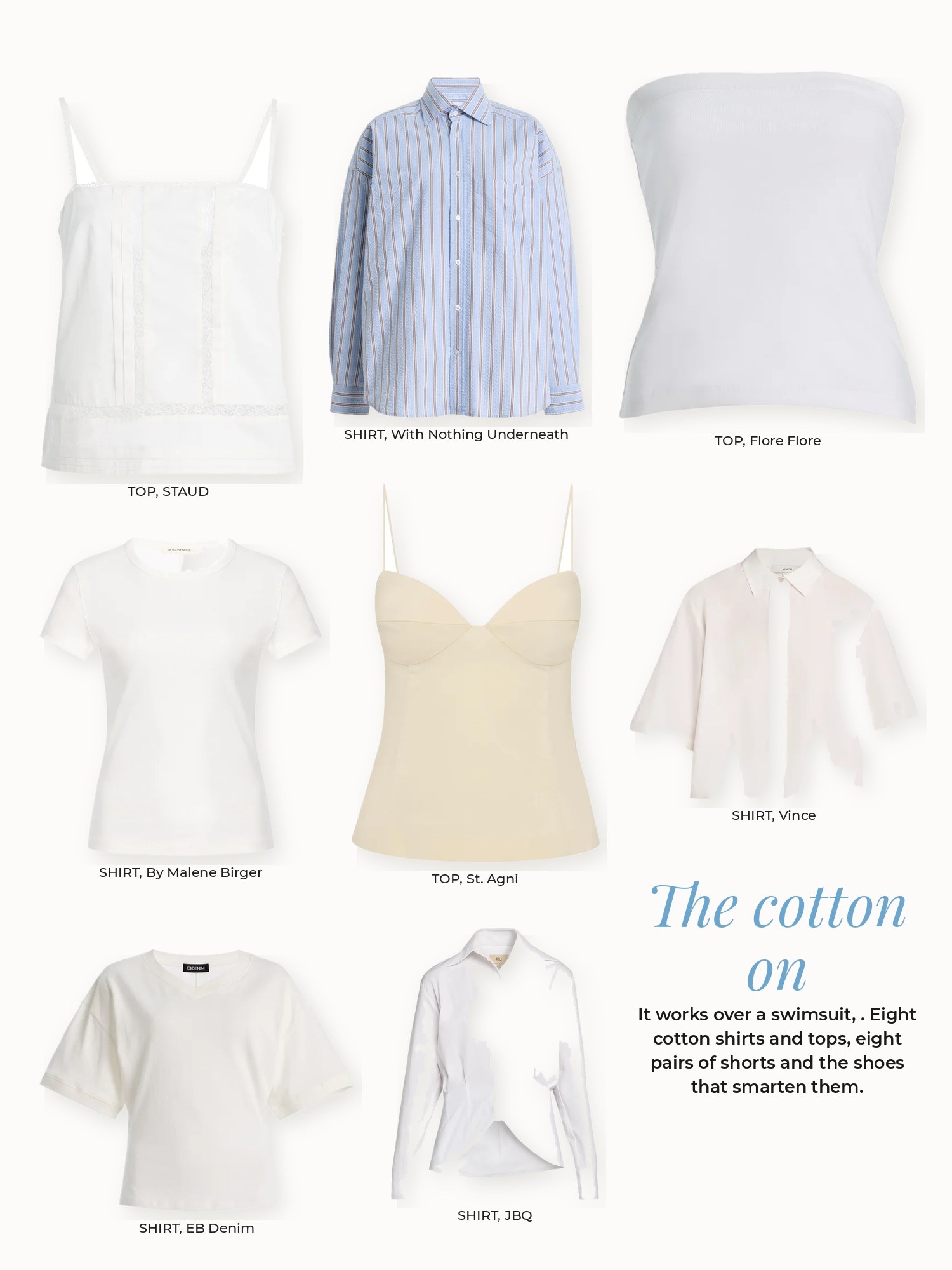 Cotton on collage: By Malene Birger, EB Denim, Flore Flore, JBQ, STAUD, St. Agni, Vince, With Nothing Underneath