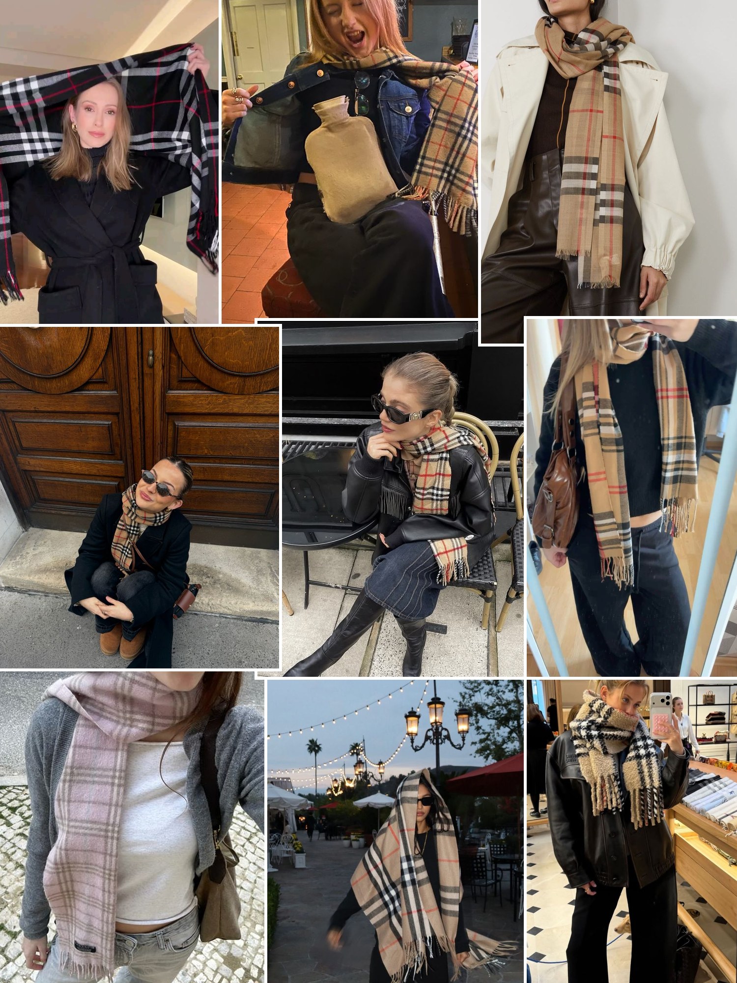 Collage of everyday outfits built around Burberry scarf