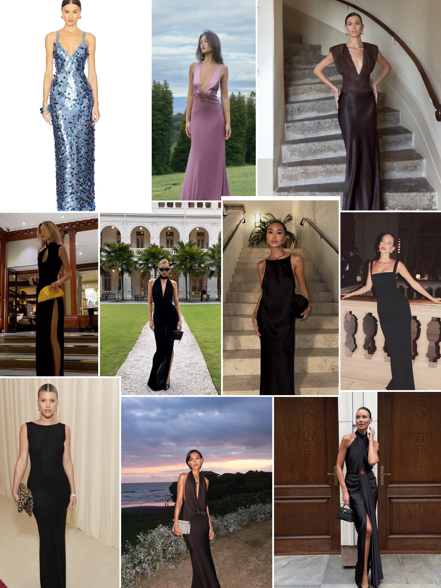Collage of everyday outfits built around evening wedding guest dresses