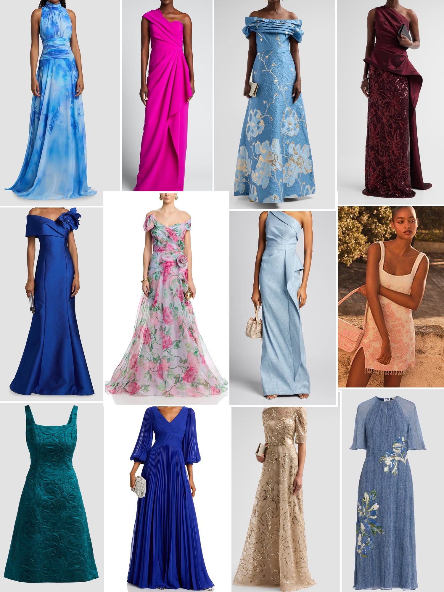 Collage of floral and satin occasion gowns in blue, pink and jewel tones across outdoor and studio scenes