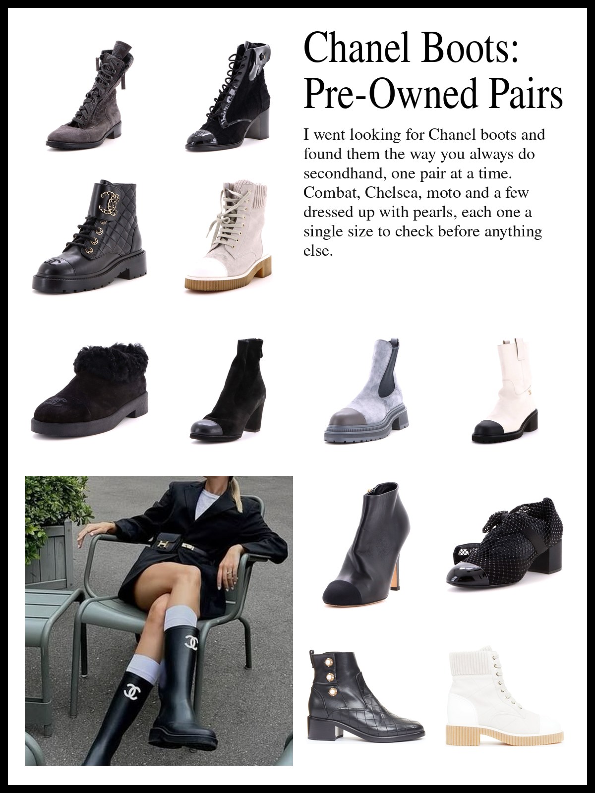 A collage of pre-owned Chanel combat boots, Chelsea boots, moto boots and pearl and crystal heeled ankle boots, and a mood photo of a woman in a black blazer and skirt sitting on a café chair in tall black rubber boots.