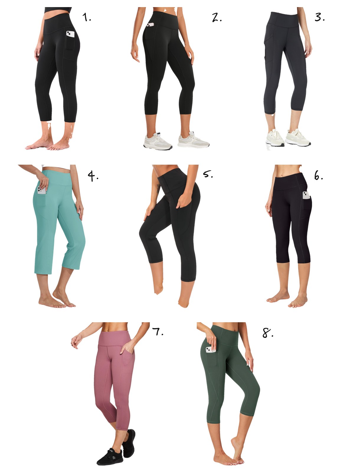 Numbered collage of eight capri leggings with pockets under $30: Colorfulkoala, CRZ Yoga, Amazon Essentials, Willit, The Gym People, Ewedoos, RBX and Heathyoga.