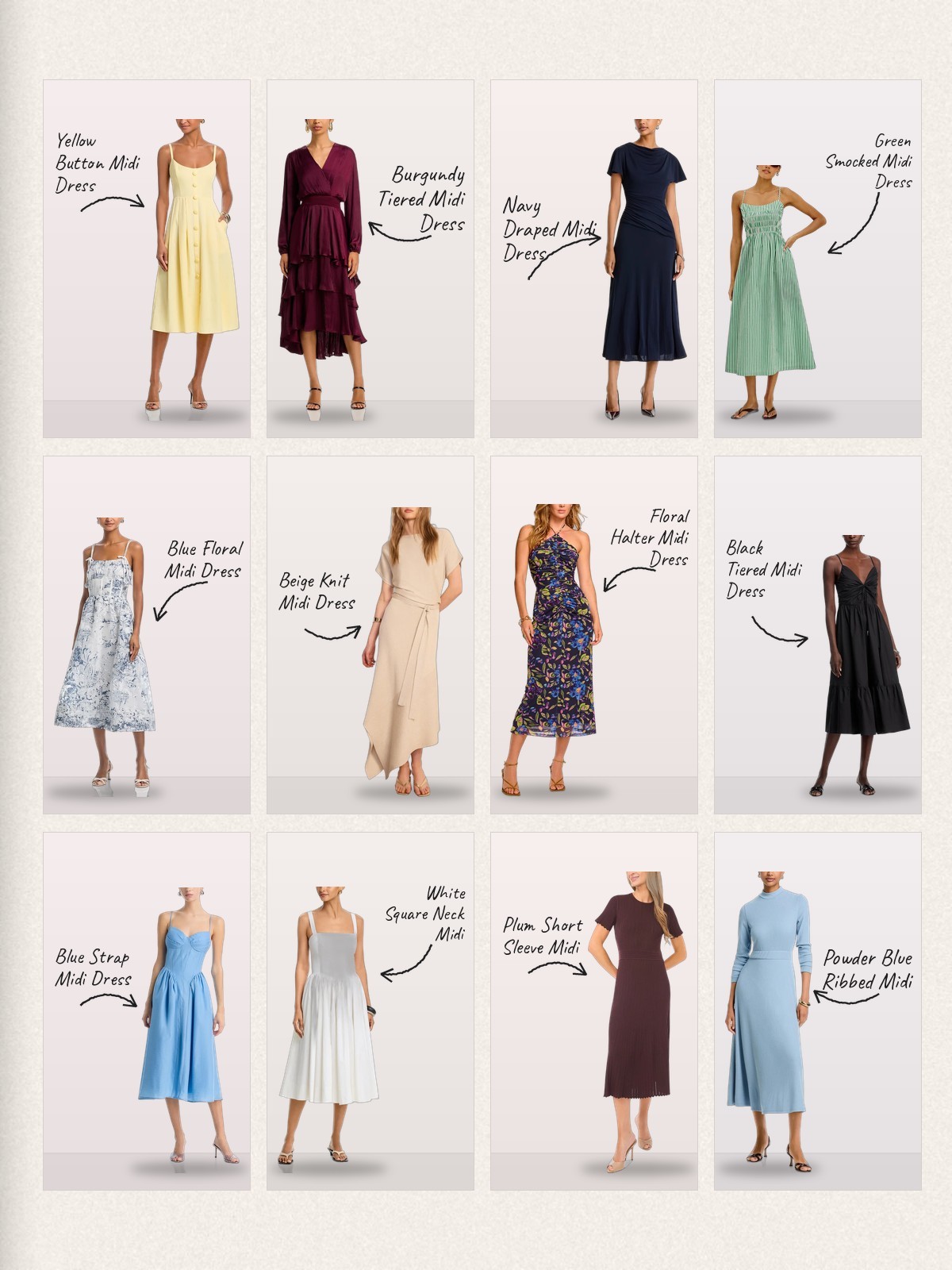 Collage: midi dresses in a grid with handwritten labels