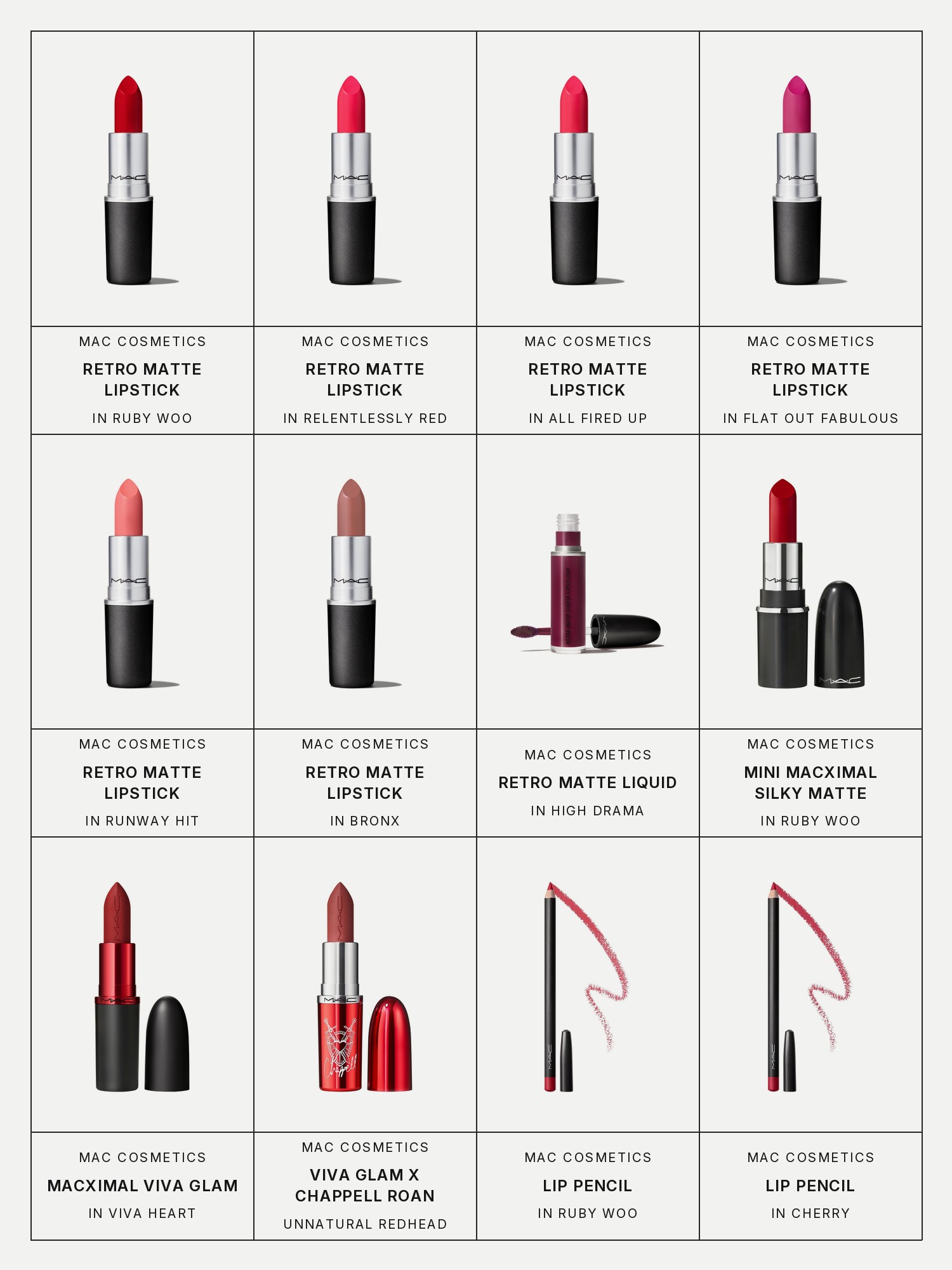 Twelve boxes on a pale gray page, one for each product in this edit, each with its brand and name printed below: MAC Cosmetics Retro Matte Lipstick in Ruby Woo, MAC Cosmetics Retro Matte Lipstick in Relentlessly Red, MAC Cosmetics Retro Matte Lipstick in All Fired Up, MAC Cosmetics Retro Matte Lipstick in Flat Out Fabulous, MAC Cosmetics Retro Matte Lipstick in Runway Hit, MAC Cosmetics Retro Matte Lipstick in Bronx, MAC Cosmetics Retro Matte Liquid Lipcolour in High Drama, MAC Cosmetics Mini MACximal Silky Matte 12HR Wear Lipstick in Ruby Woo, MAC Cosmetics MACximal Silky Matte Viva Glam 12HR Wear Lipstick in Viva Heart, MAC Cosmetics Viva Glam x Chappell Roan MACximal Silky Matte 12HR Wear Lipstick, MAC Cosmetics Lip Pencil Creamy Lip Liner in Ruby Woo and MAC Cosmetics Lip Pencil Creamy Lip Liner in Cherry.