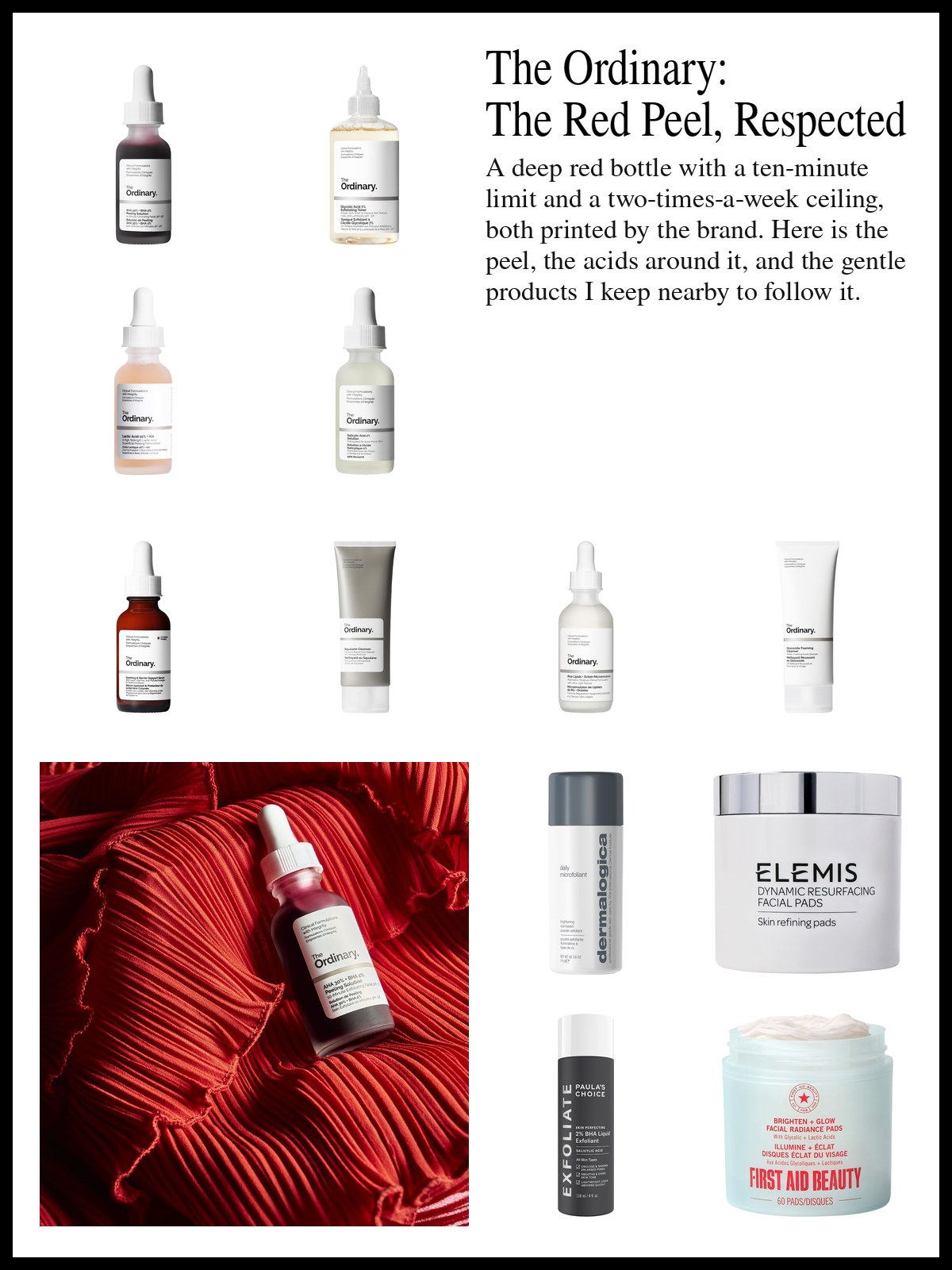 Collage of a red peeling solution, exfoliating toners and serums, barrier creams and cleansers, and peel pads, and a mood photo of a red serum bottle resting on pleated red fabric.
