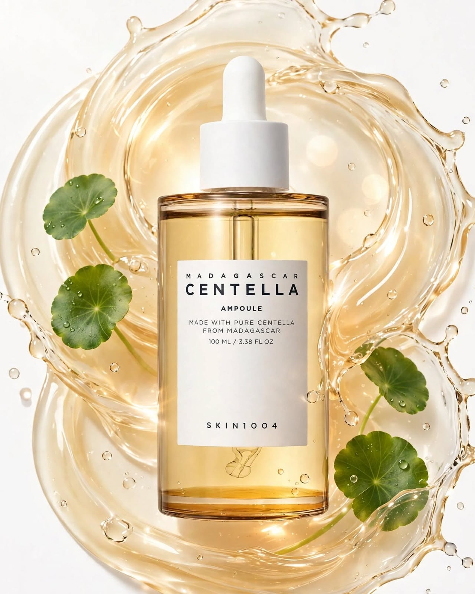 SKIN1004 Madagascar Centella Ampoule 100 ml dropper bottle surrounded by a swirl of golden serum with green centella leaves