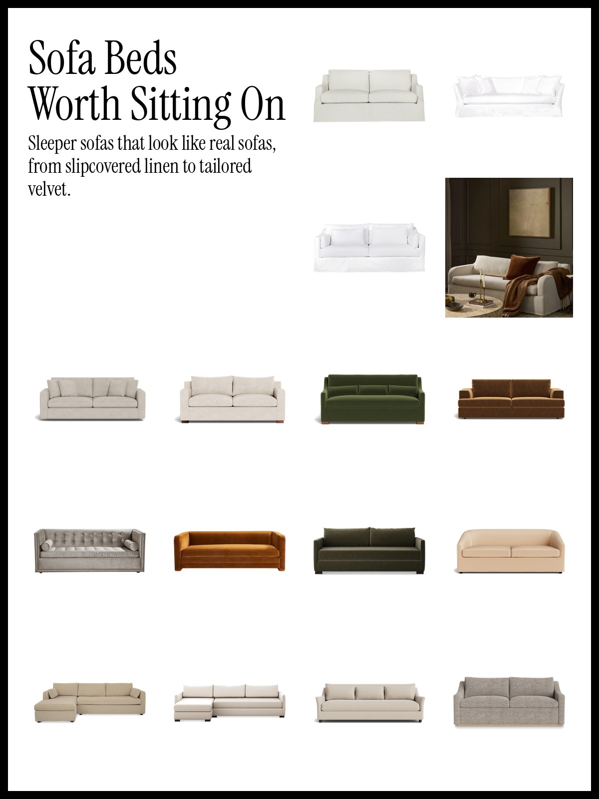 Collage of sleeper sofas and sleeper sectionals from Our Boat House, Interior Define, Jonathan Adler and Lulu and Georgia