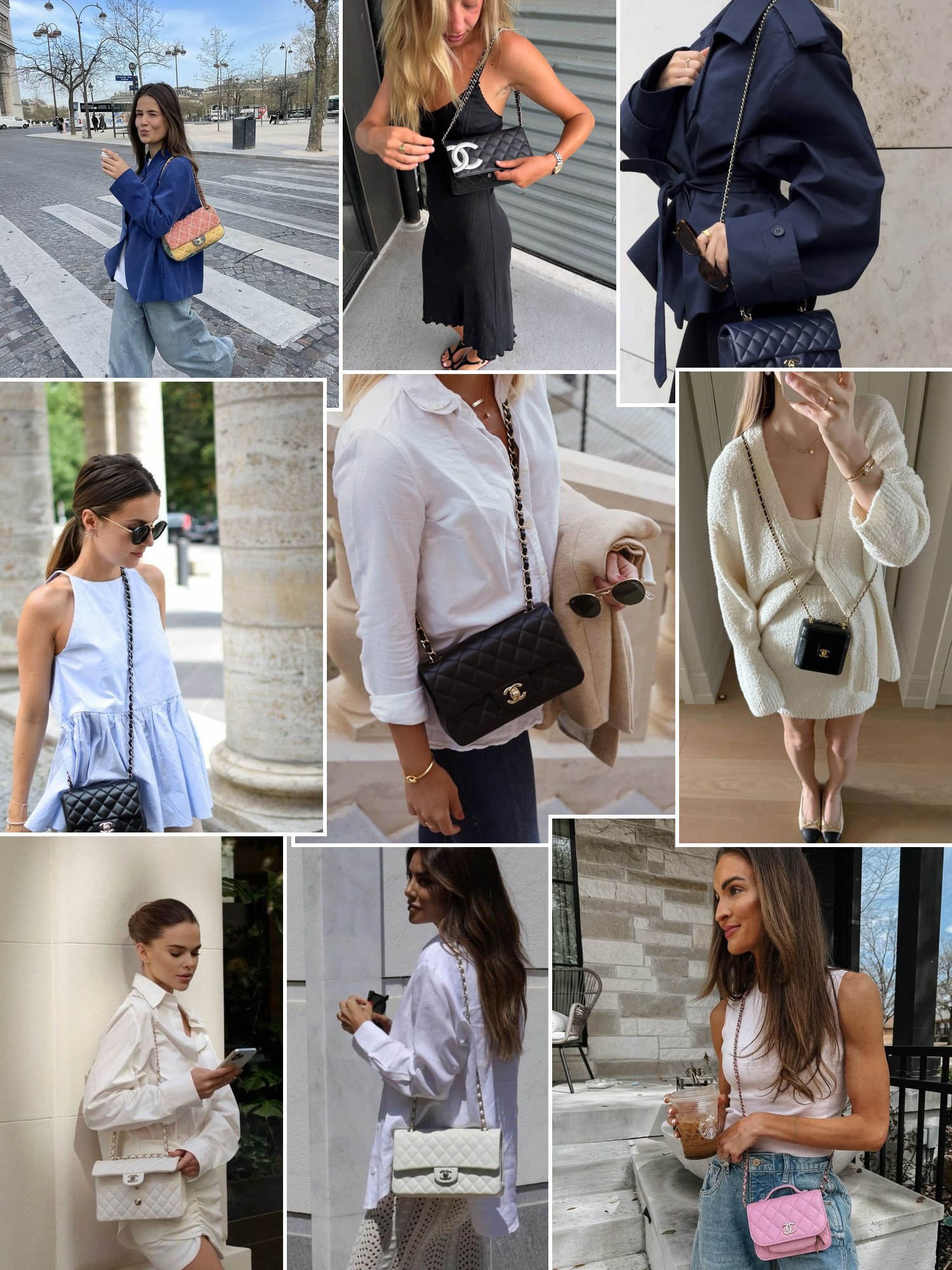 Street style collage of women carrying Chanel mini flap bags