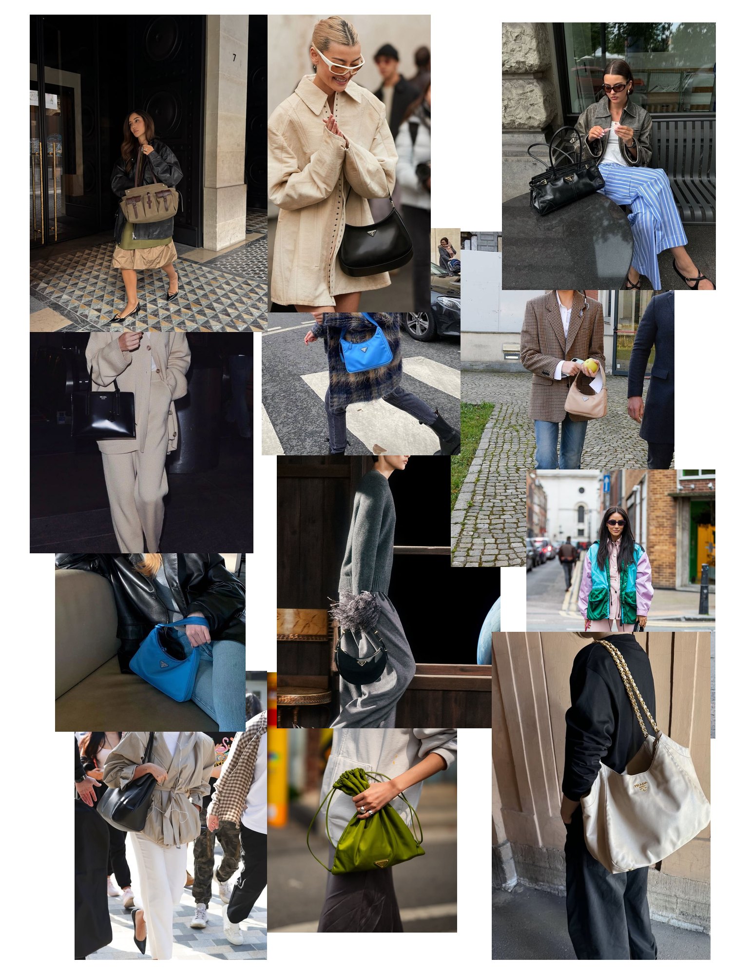 Street-style collage of 12 outfit photos featuring prada bag, scattered and overlapping