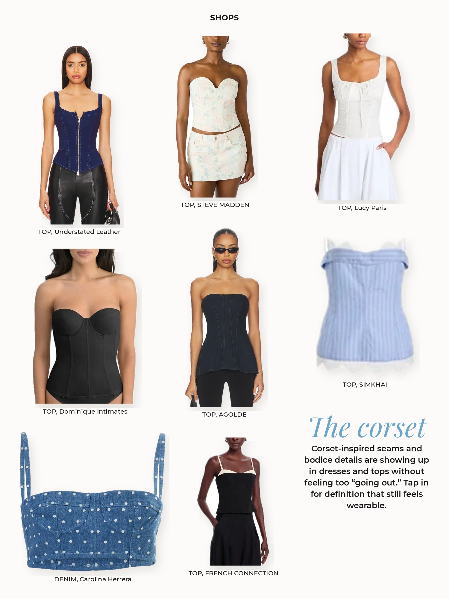 Corset collage: AGOLDE, Carolina Herrera, Dominique Intimates, FRENCH CONNECTION, Lucy Paris, SIMKHAI, STEVE MADDEN, Understated Leather