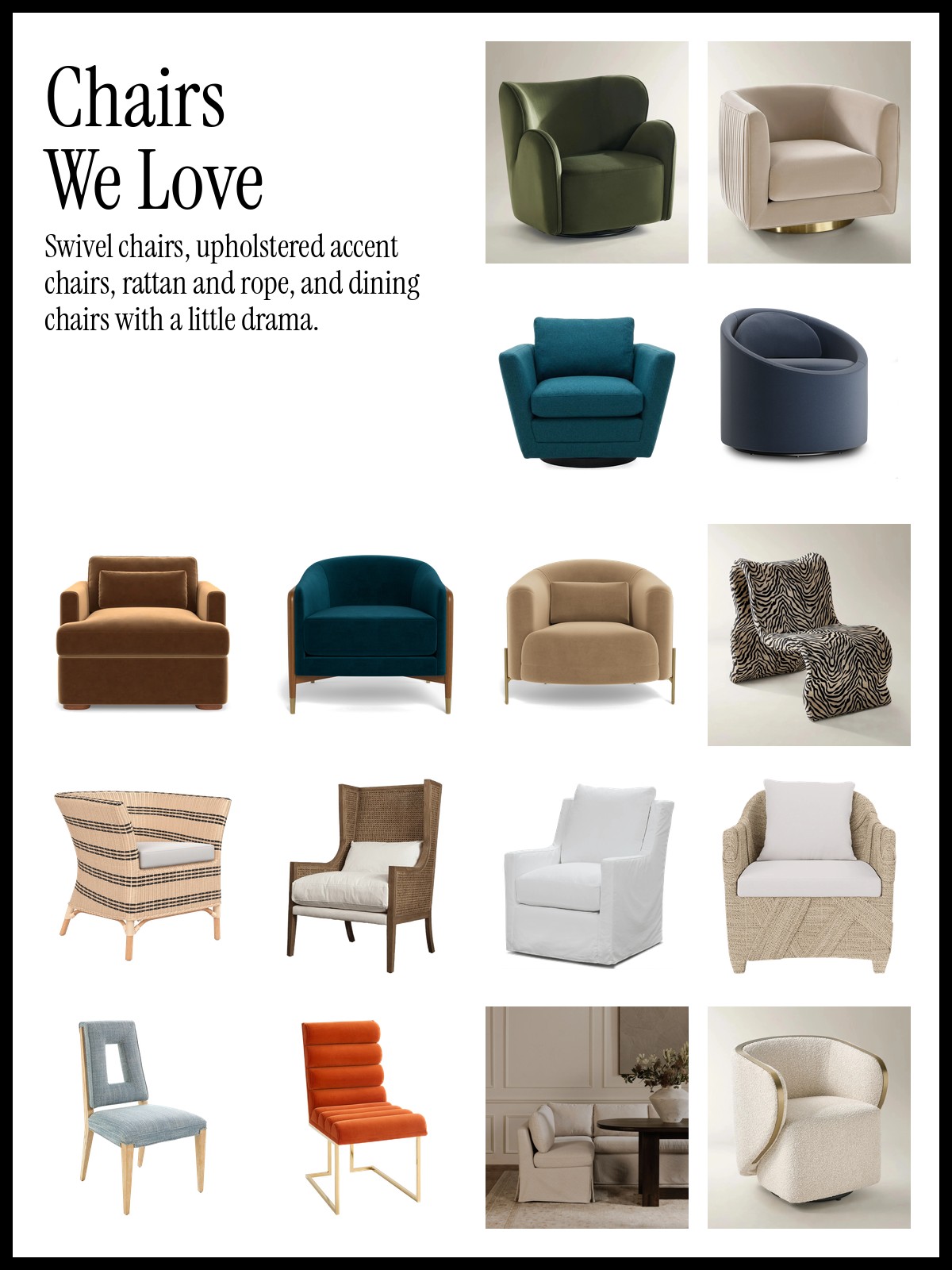Collage of swivel chairs, accent chairs, rattan chairs and dining chairs