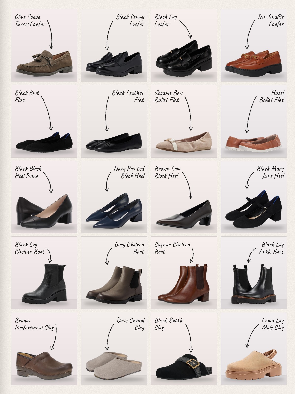 Collage of 20 pieces for comfortable shoes for women