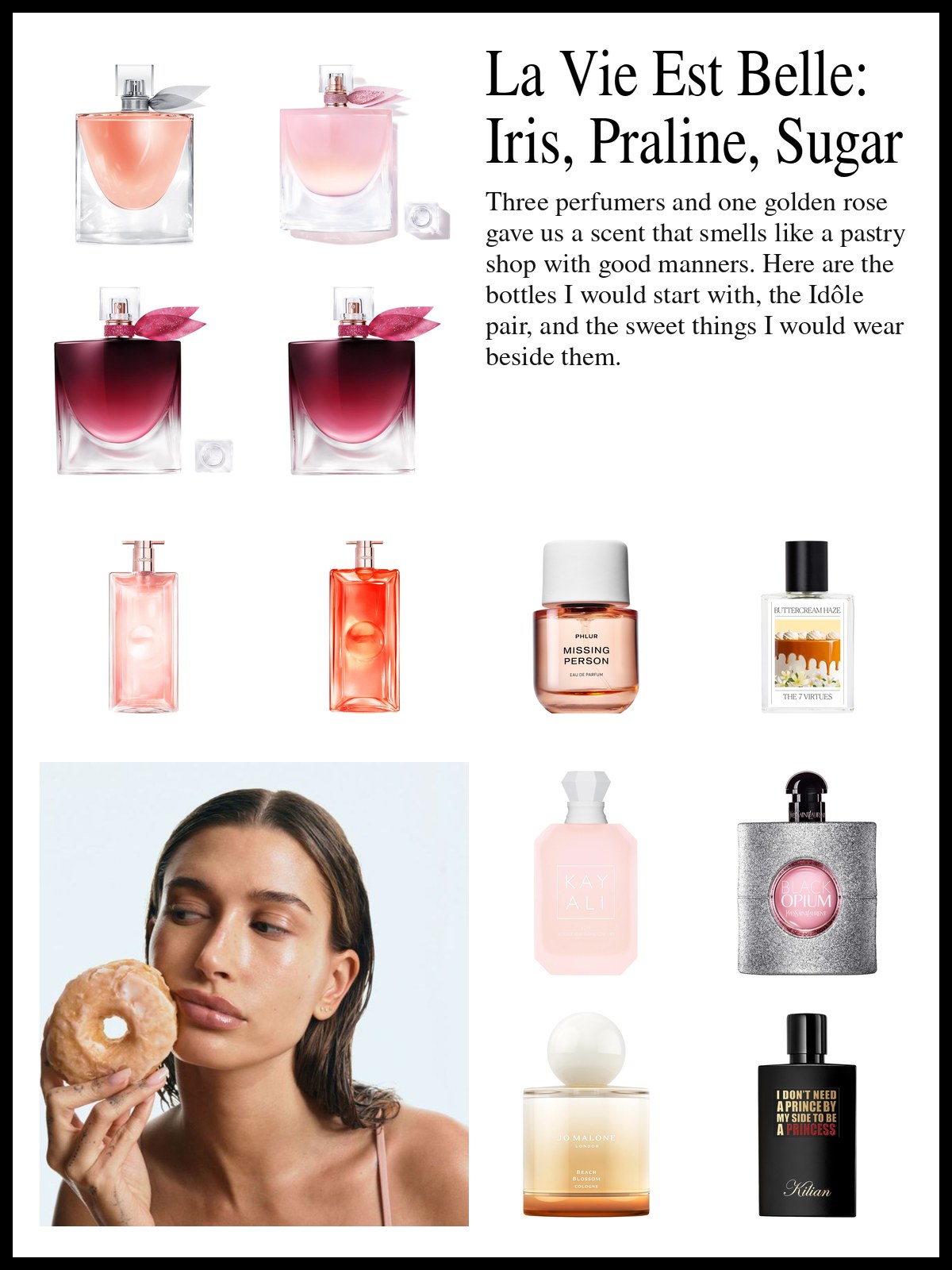 Collage of La vie est belle and Idôle bottles and gourmand perfumes beside a photo of a woman with wet slicked-back hair and glossy lips holding a glazed donut to her cheek against a bright white backdrop.