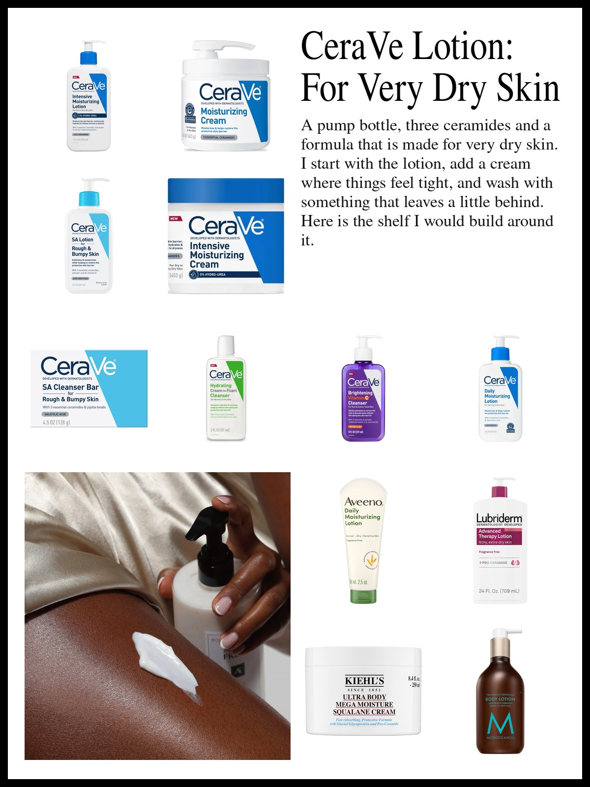 Collage of CeraVe body lotions and creams, cleanser bars and other brands' body lotions beside a mood photo of a hand smoothing lotion onto a leg.